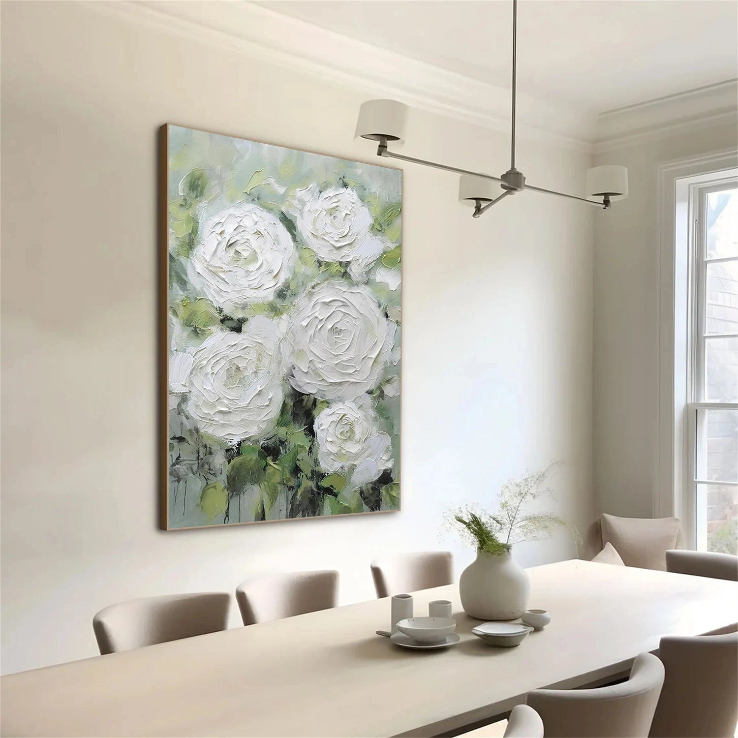 White and Green Flower & Tree Abstract Textured Wall Art #ML213