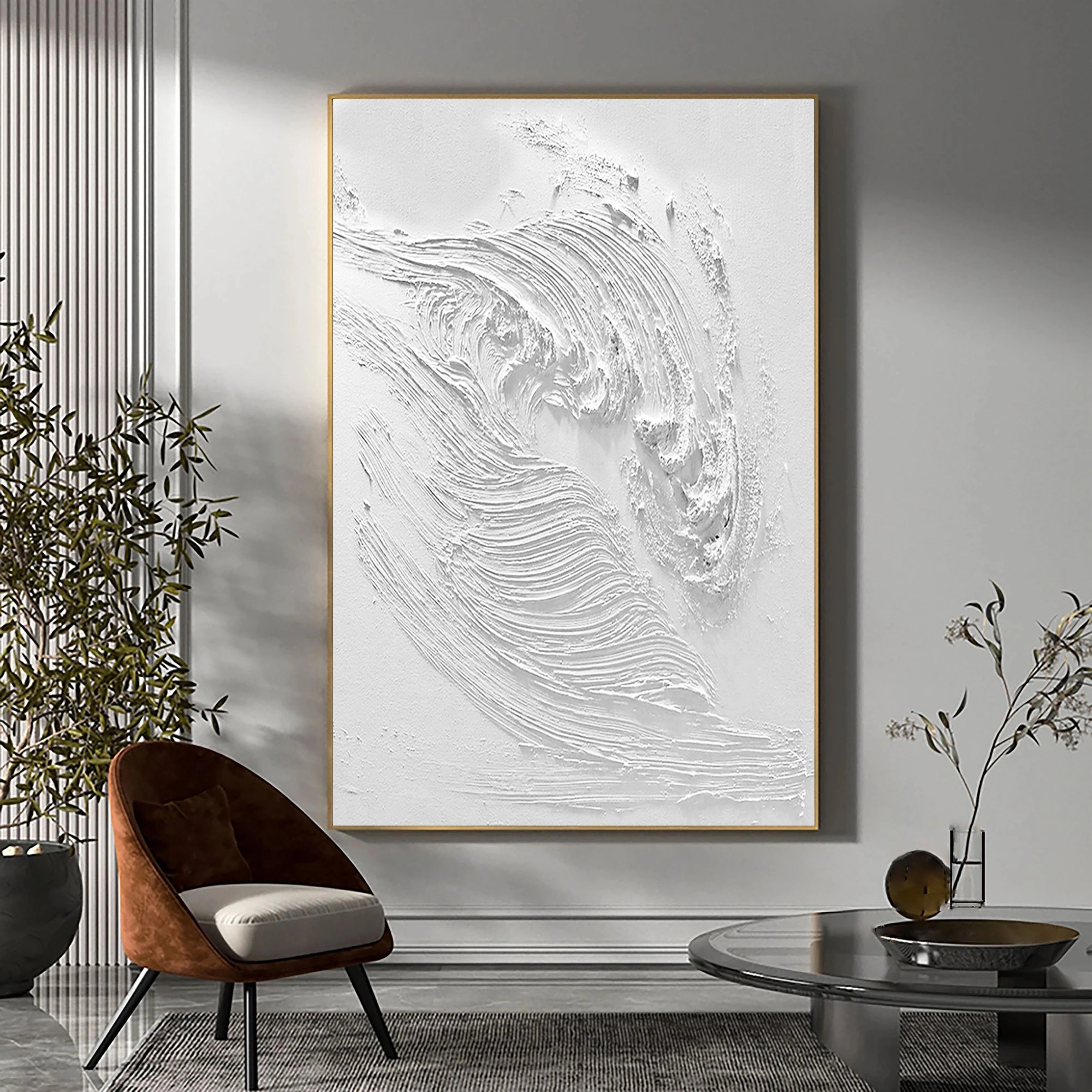 White Ocean Waves Textured Plaster Art Painting, Minimalist Wall Artwork for Room Decor