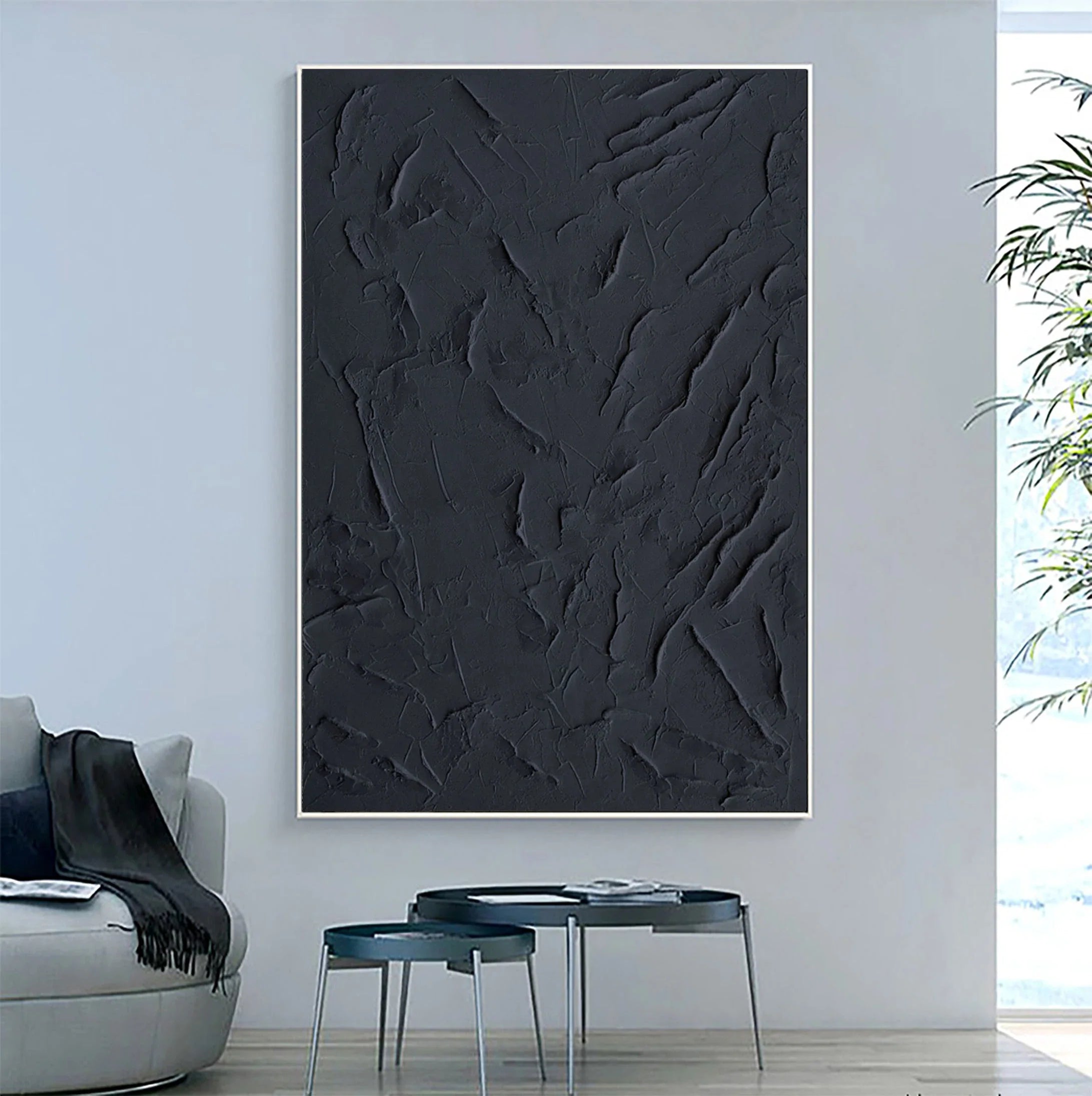 Large Black Textured Plaster Artwork 3D Minimalist Original Handcrafted Painting On Canvas