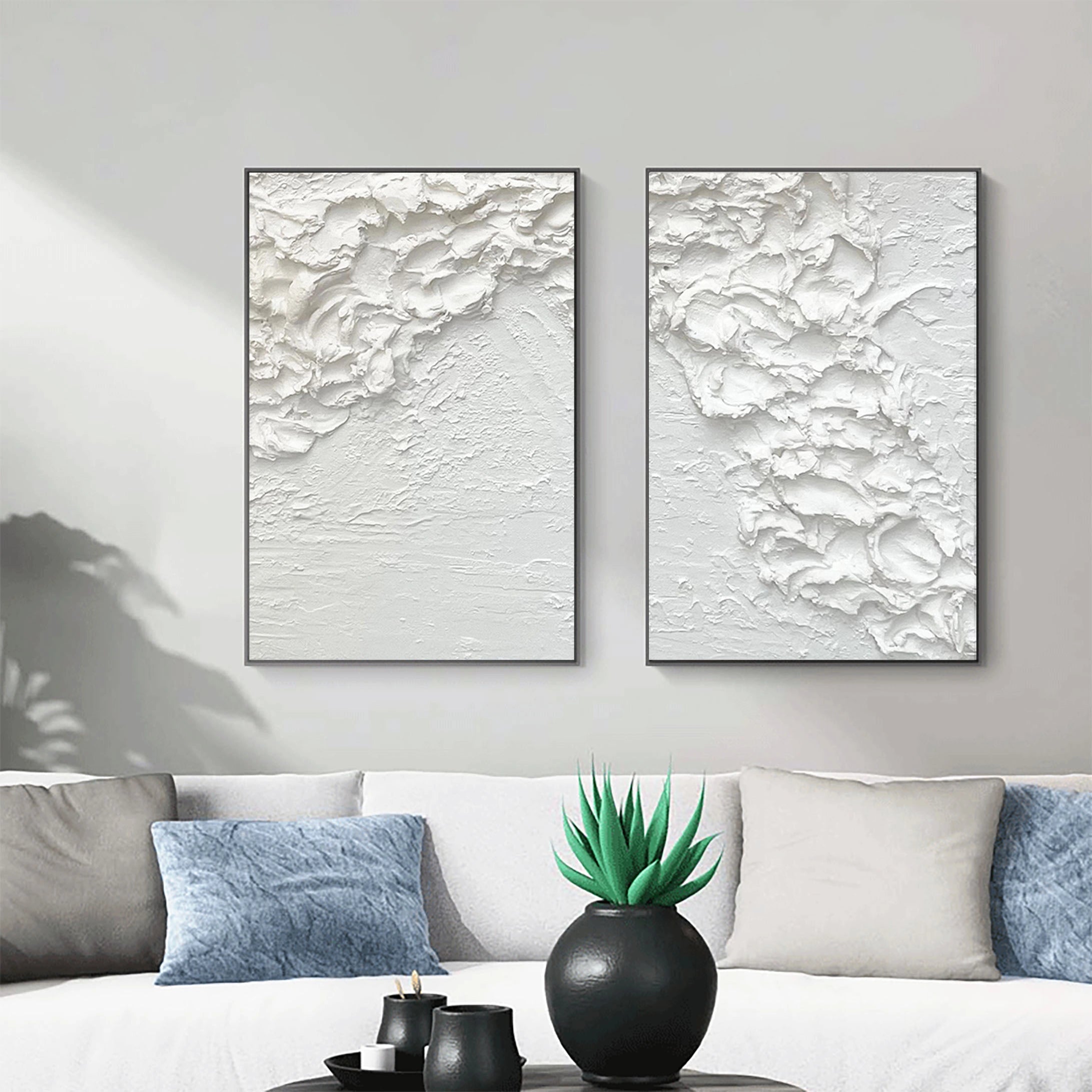 White Ocean Waves Textured Plaster Art, Large Minimalist Painting On Canvas, Modern Wall Decor
