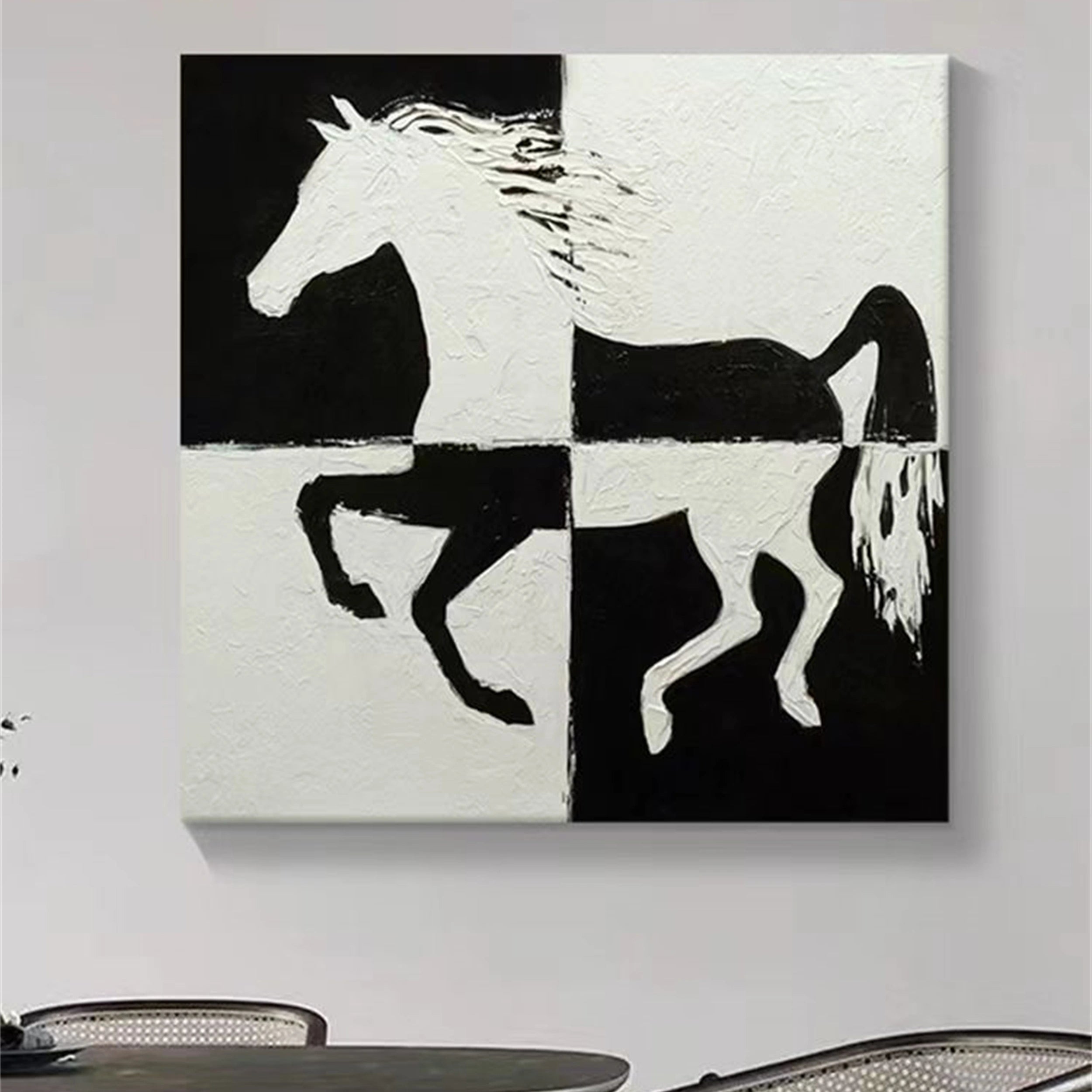 White And Black Horse Abstract Animal Wall Art #AL031