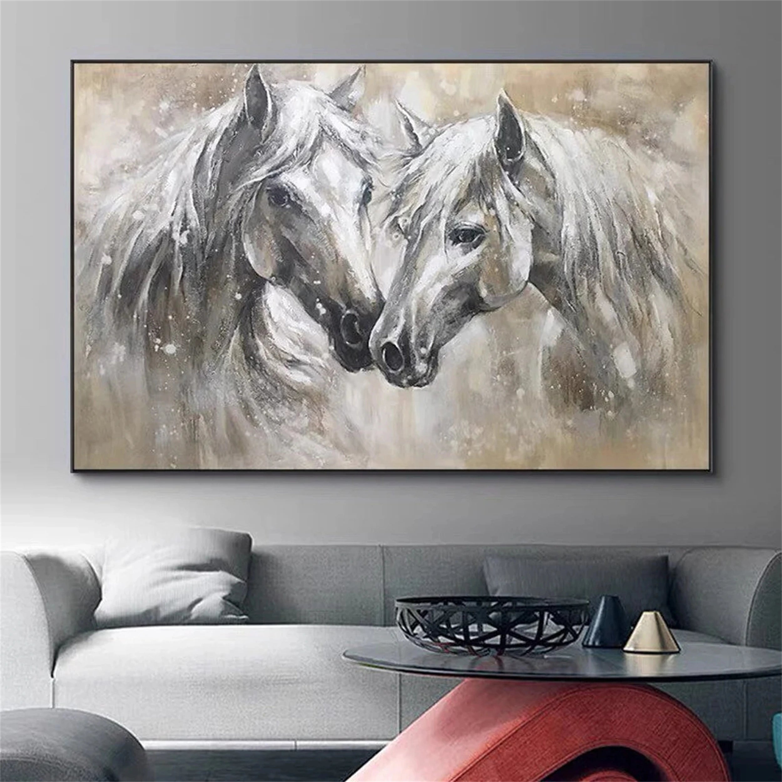 White and Black Horse Abstract Animal Wall Art #AL046