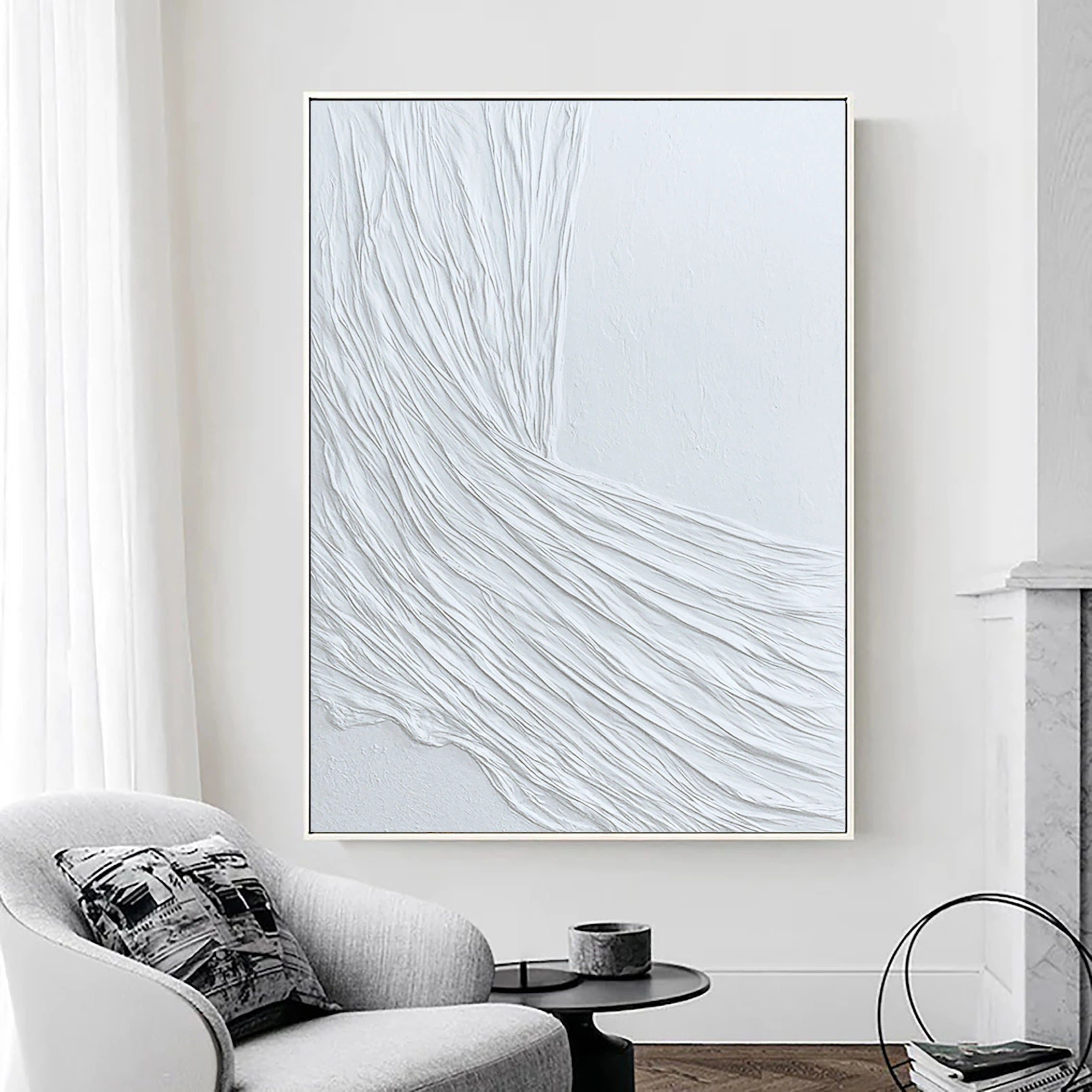 3D Textured White Minimalistic Plaster Painting on Canvas Original