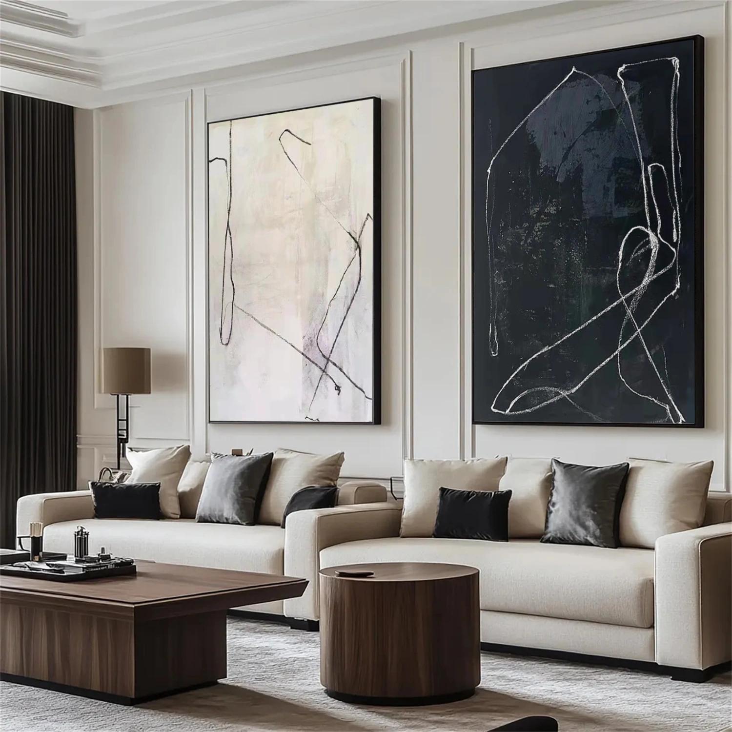 Set Of 2 Large Original Beige Abstract Painting For Living Room