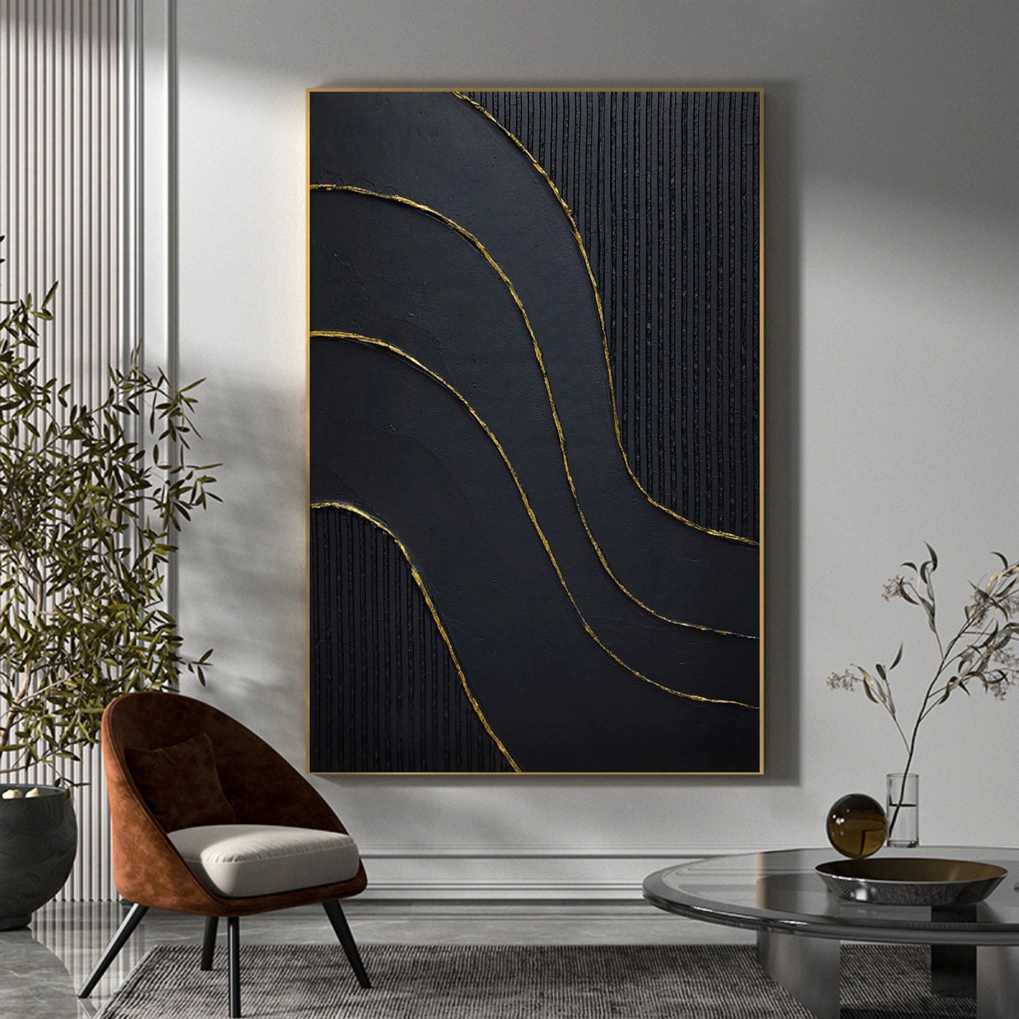 Large 3D Textured Abstract Minimalist Wall Art Black Modernism Painting Gold Foil Handcrafted Artwork Home Decor