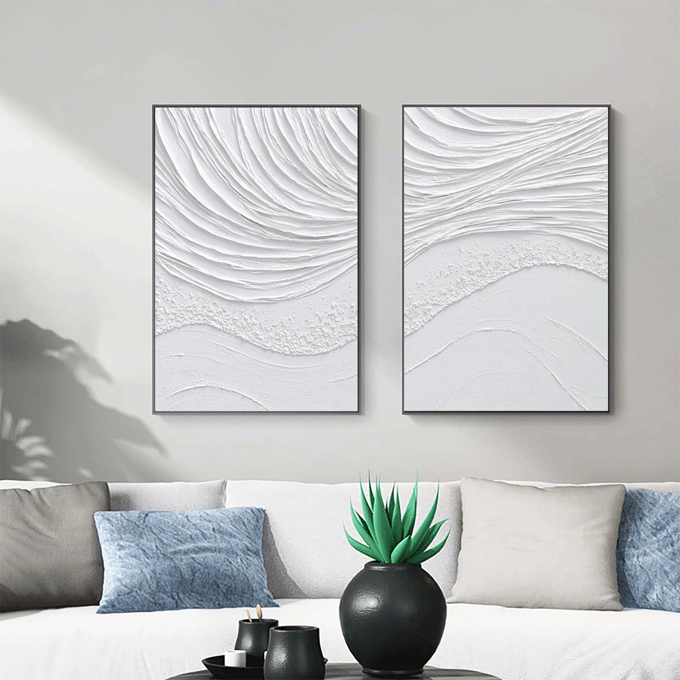 White Sea Waves Textured Plaster Art Painting On Canvas, Modern Minimalist Wall Art