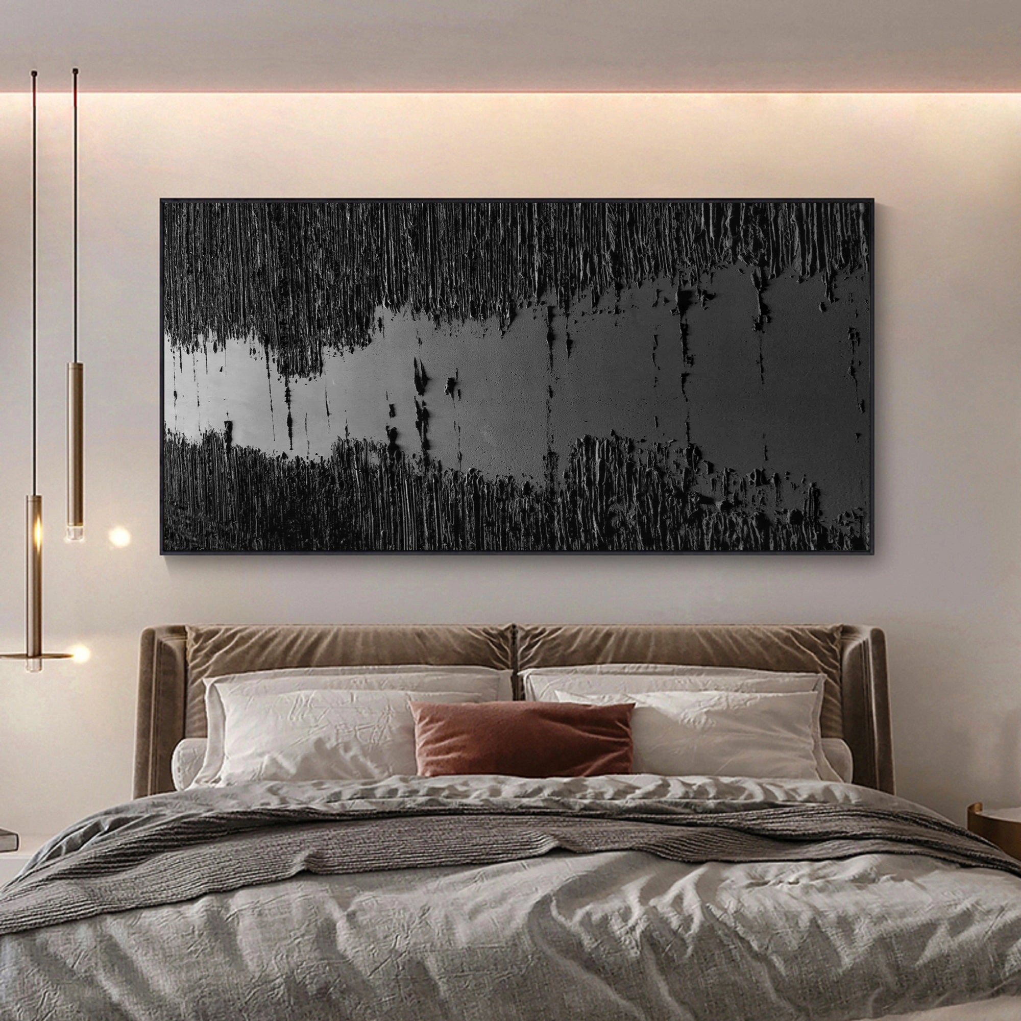Black 3D Textured River Minimalist Painting on Canvas for Wall Decro