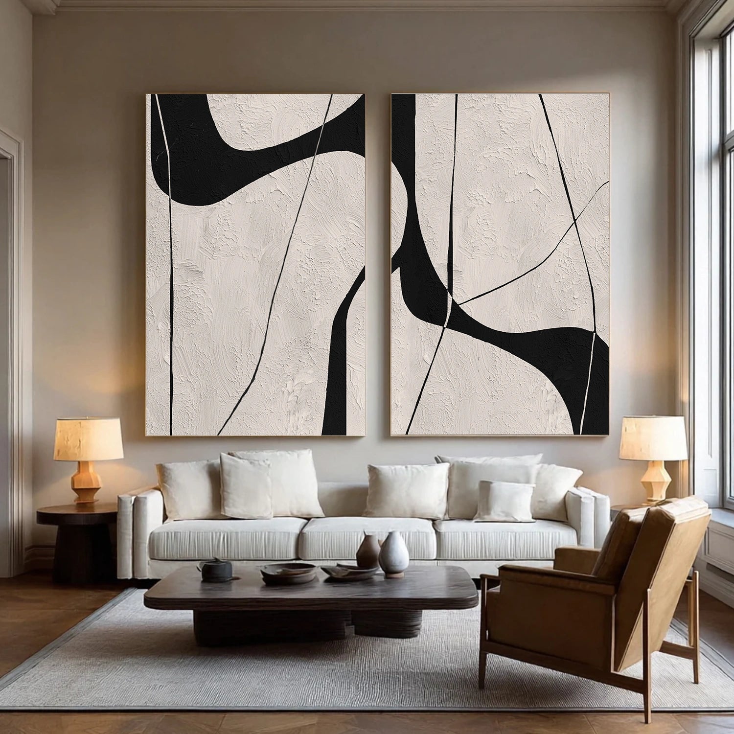 Beige & Black Abstract Textured Canvas Art Set of 2 #WS781