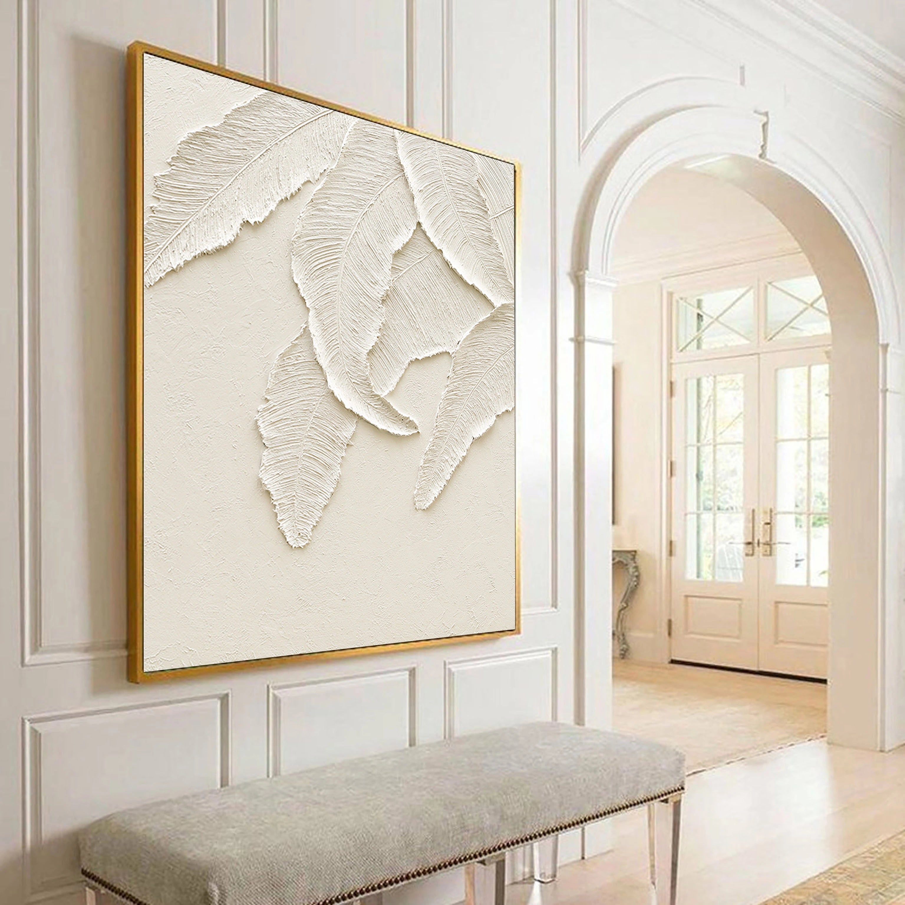 3D Textured Leaves Minimalistic Plaster Art Painting for Bedroom/Living Room