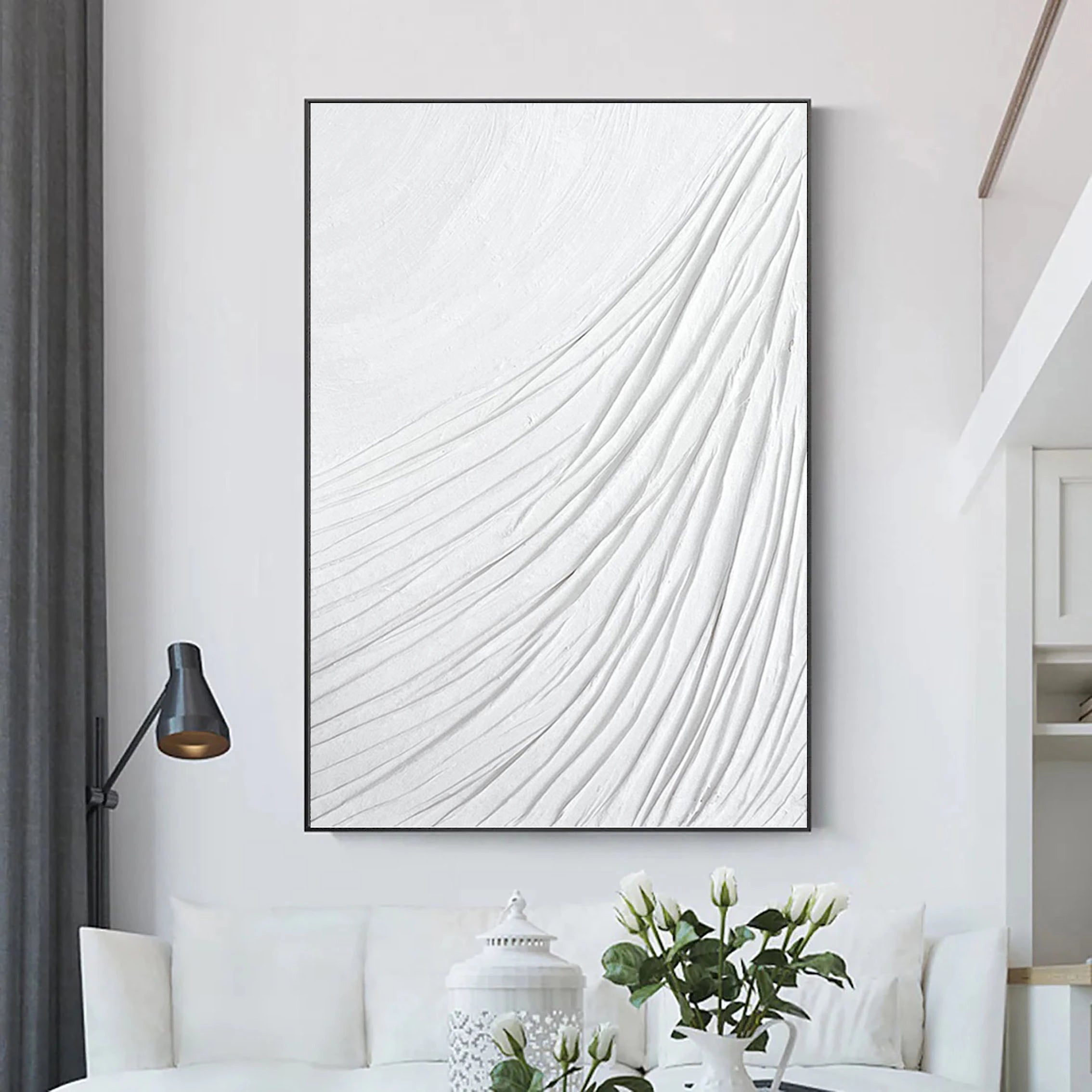 White 3D Textured Plaster Art Large Painting on Canvas Minimalistic Balance