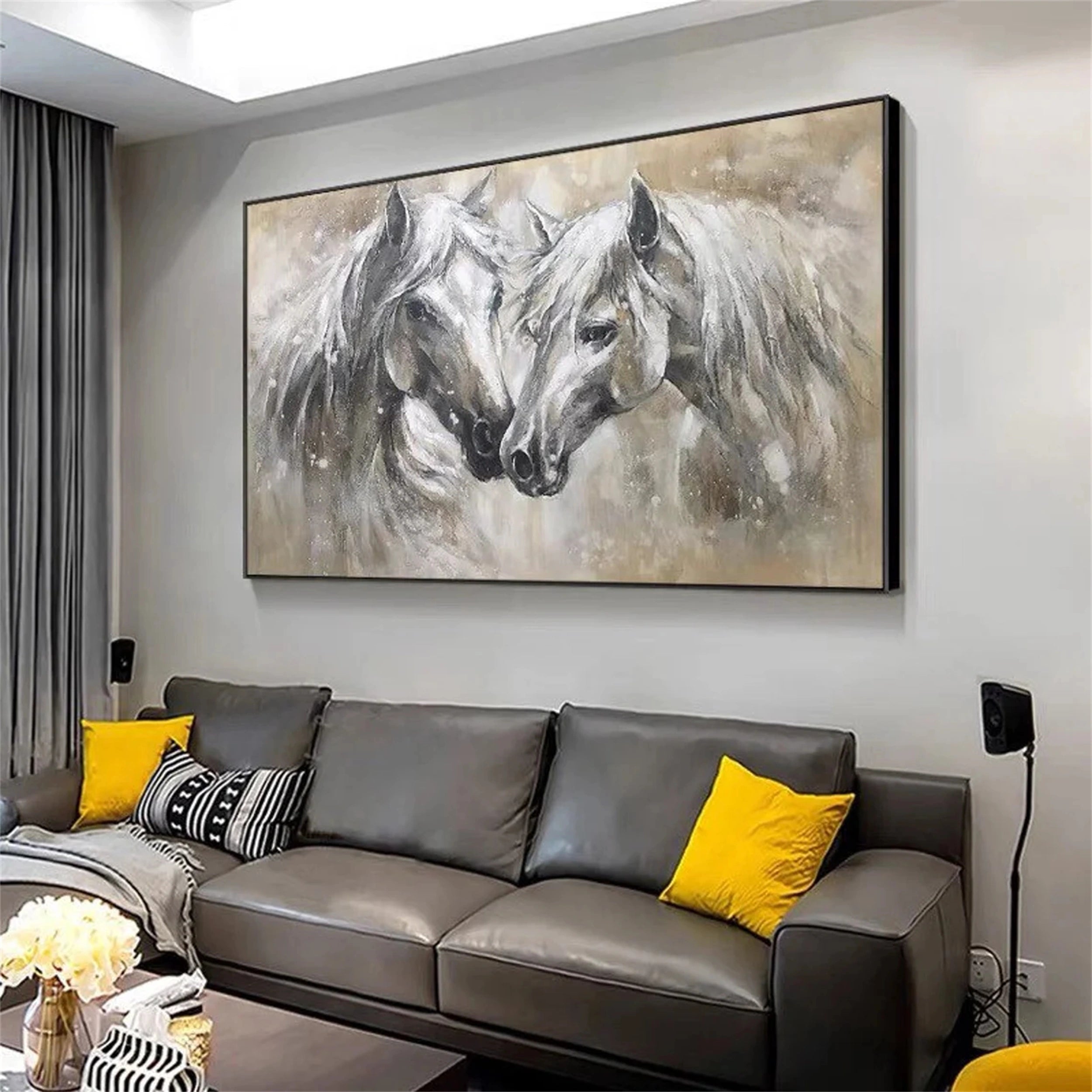 White and Black Horse Abstract Animal Wall Art #AL046