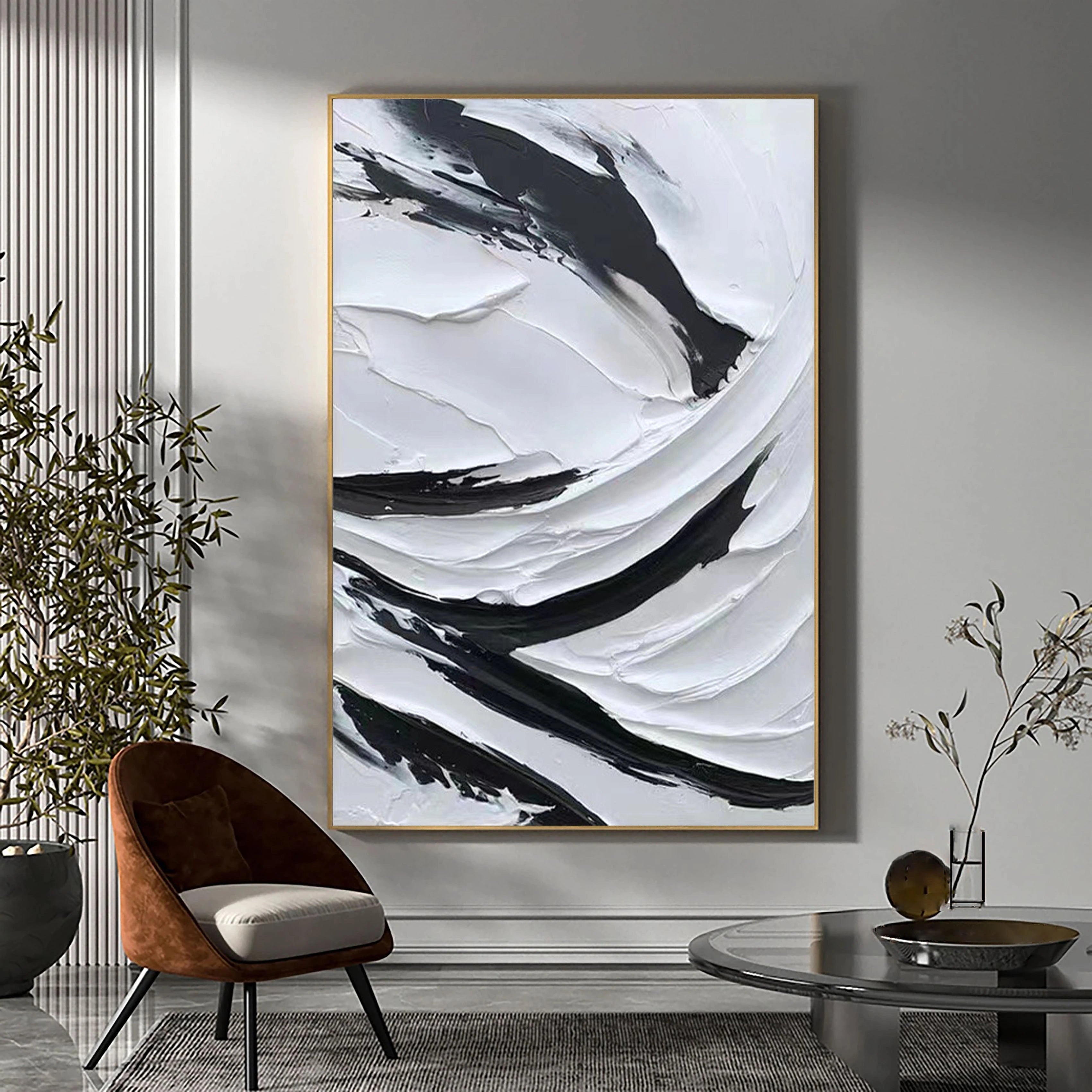 Black and White Plaster Art Textured Painting on Canvas Wall Decor