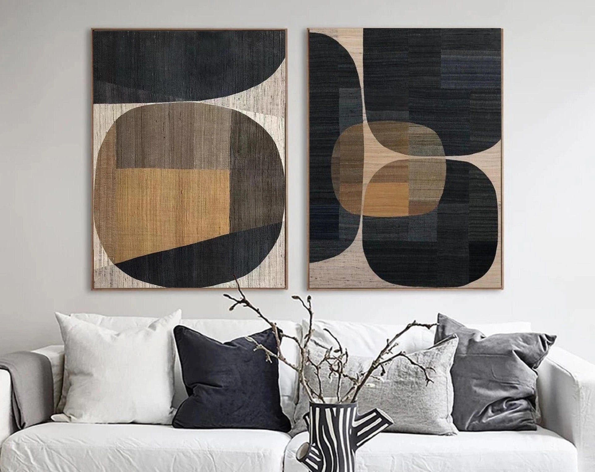 Geometric Wabi Sabi Abstract Wall Decor Painting Black Brown Artwork Set of 2