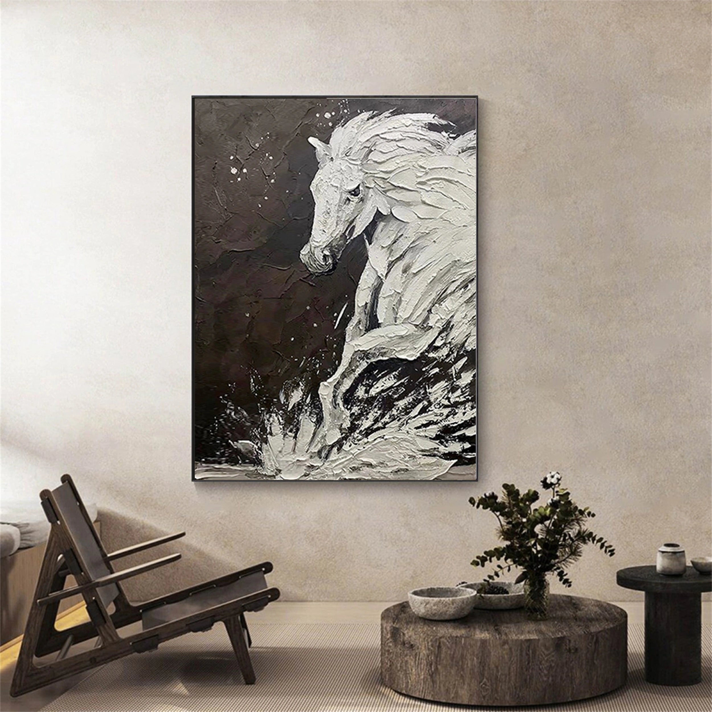 White And Black Horse Abstract Animal Wall Art #AL041