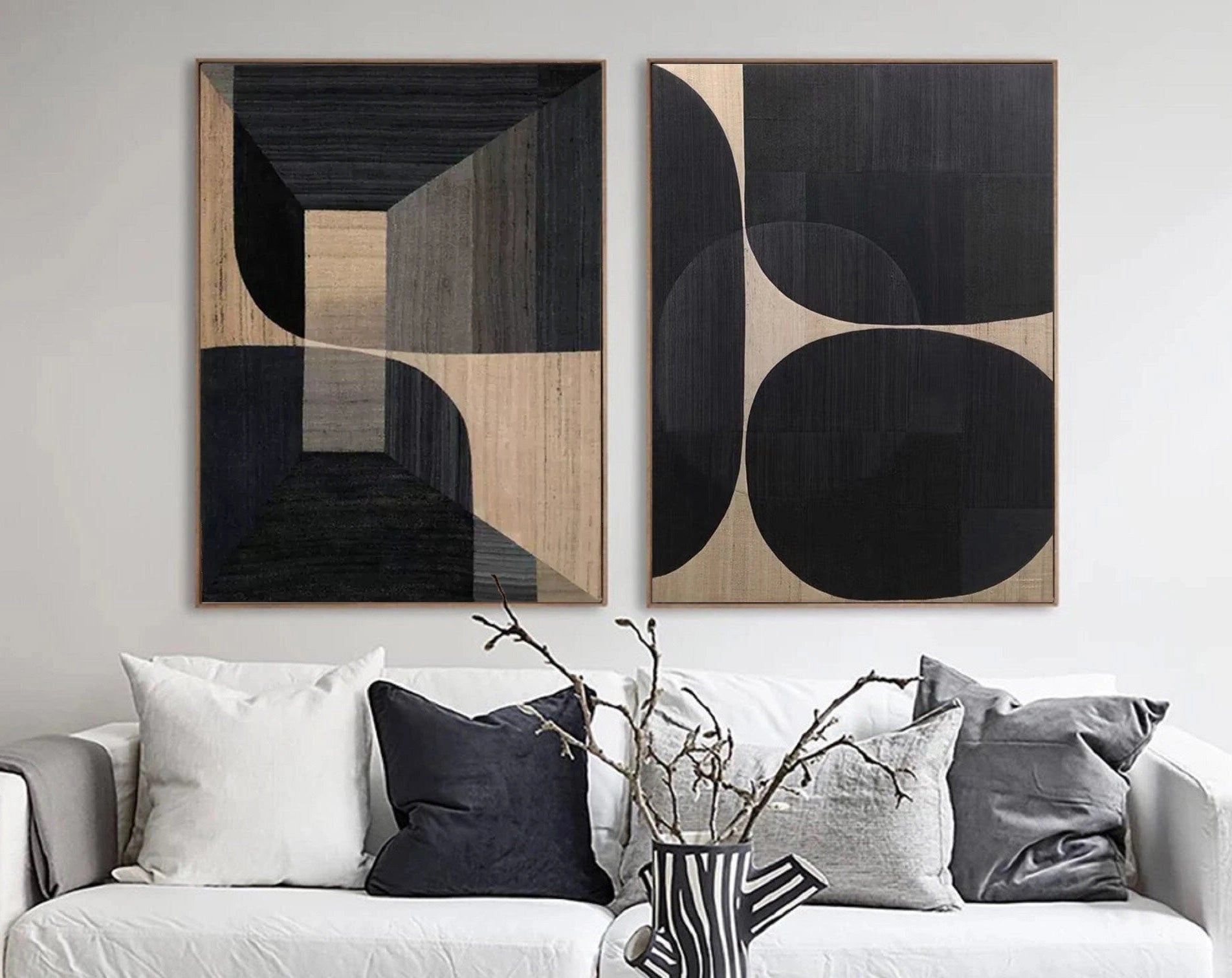 Set of 2 Geometric Wabi Sabi Abstract Painting Original by Artist