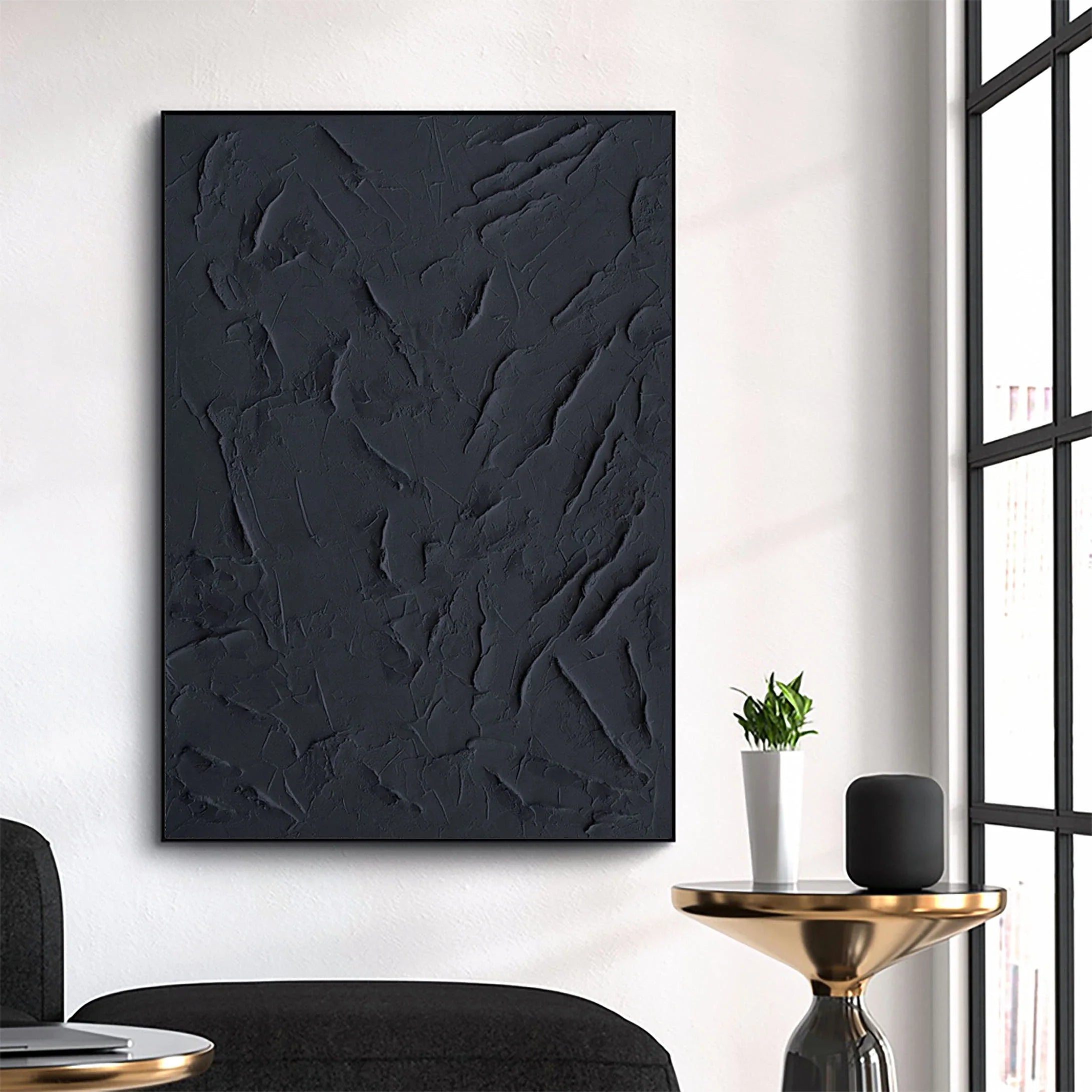 Large Black Textured Plaster Artwork 3D Minimalist Original Handcrafted Painting On Canvas