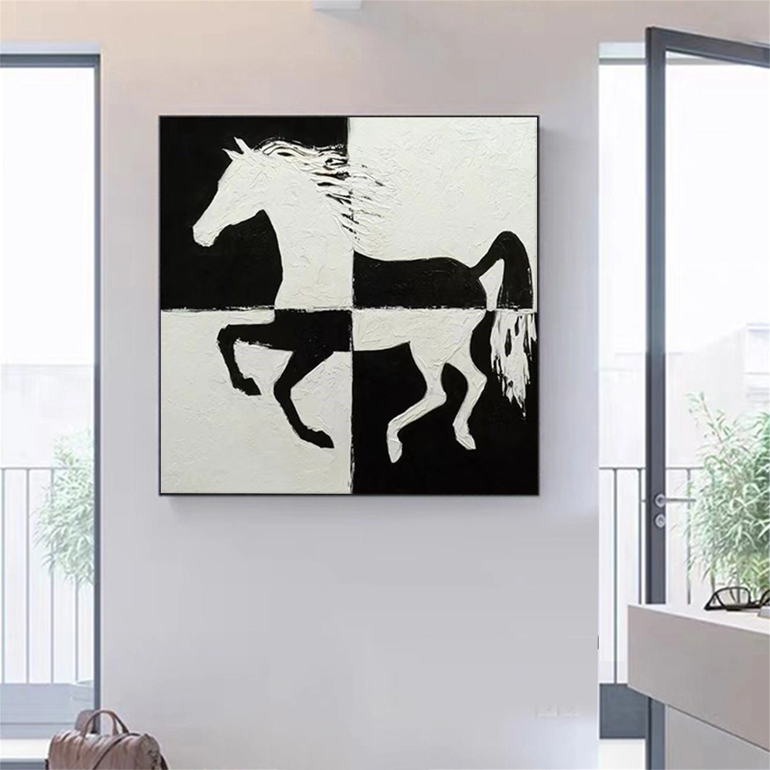 White And Black Horse Abstract Animal Wall Art #AL031