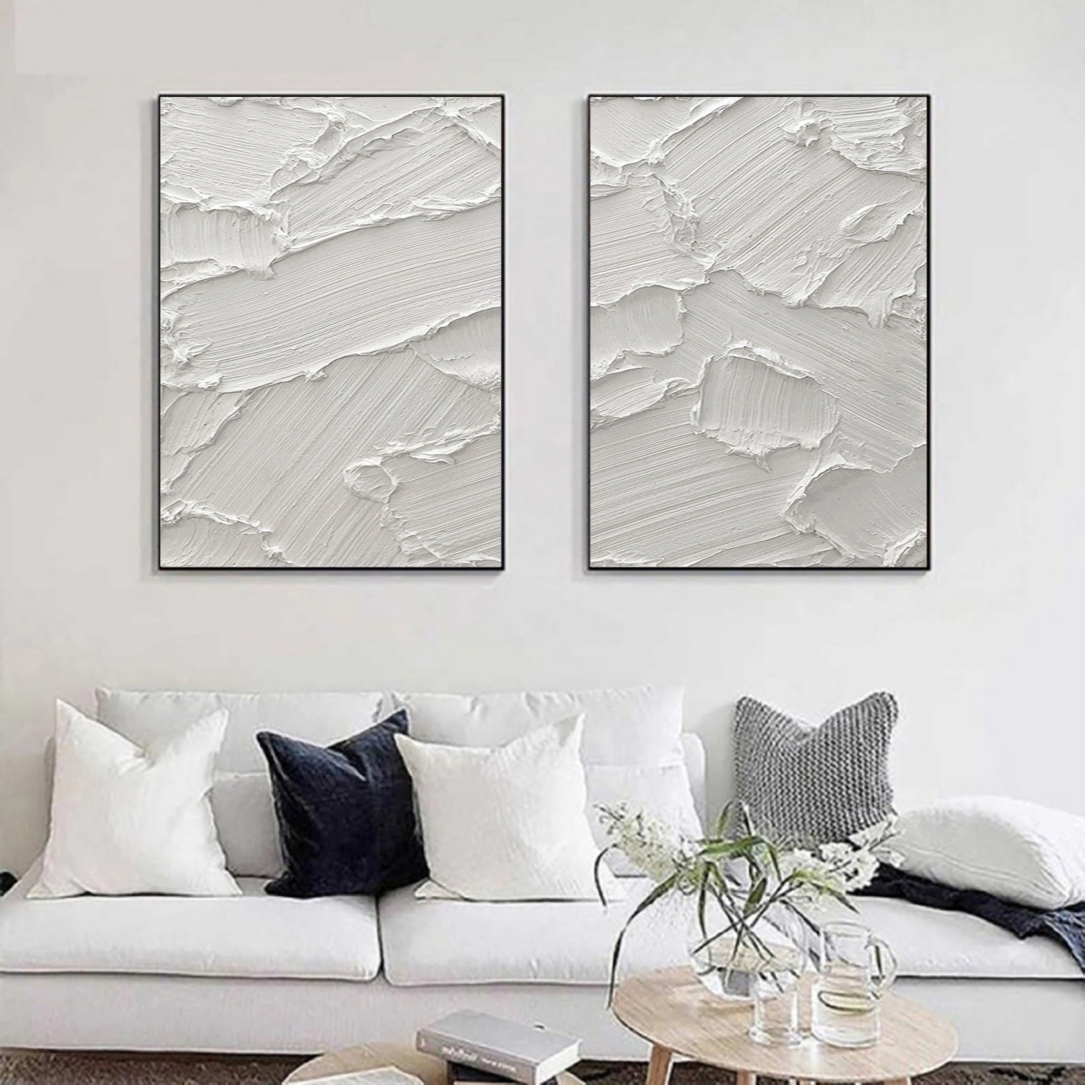 Set of 2 White Plaster Art Original Textured Painting for Room Decor