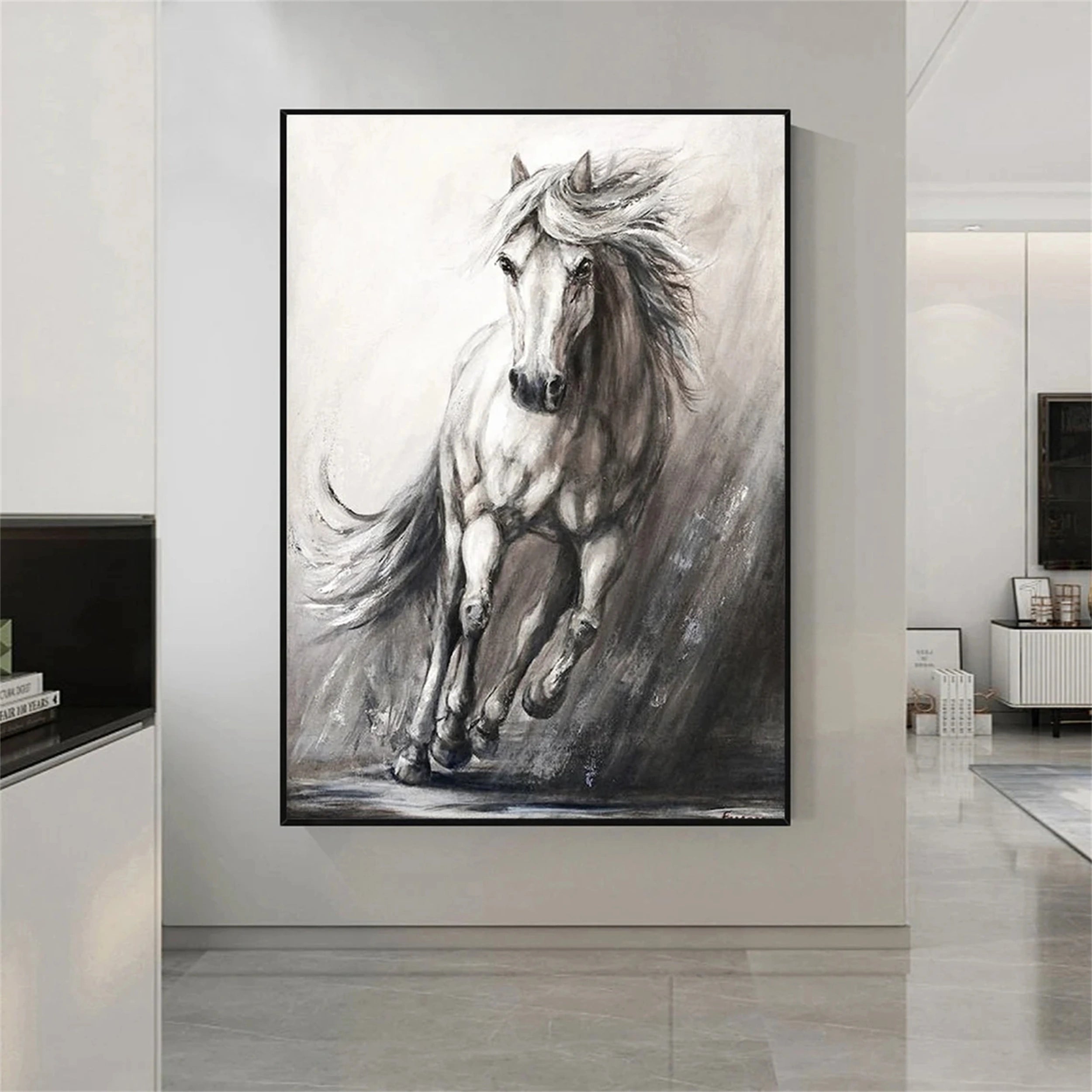 White And Black Horse Abstract Animal Wall Art #AL048