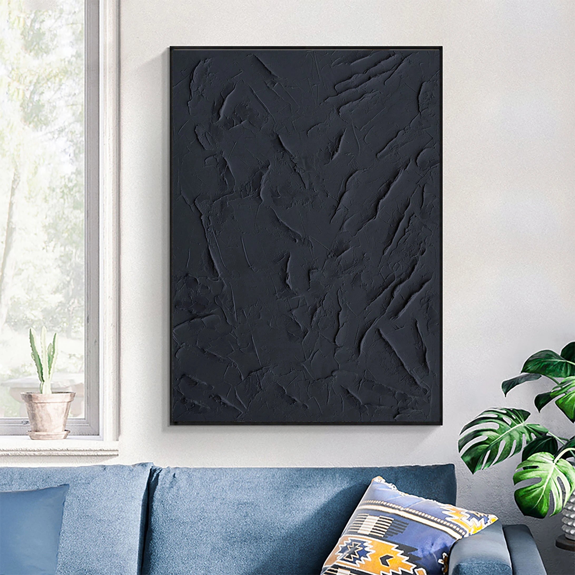Large Black Textured Plaster Artwork 3D Minimalist Original Handcrafted Painting On Canvas