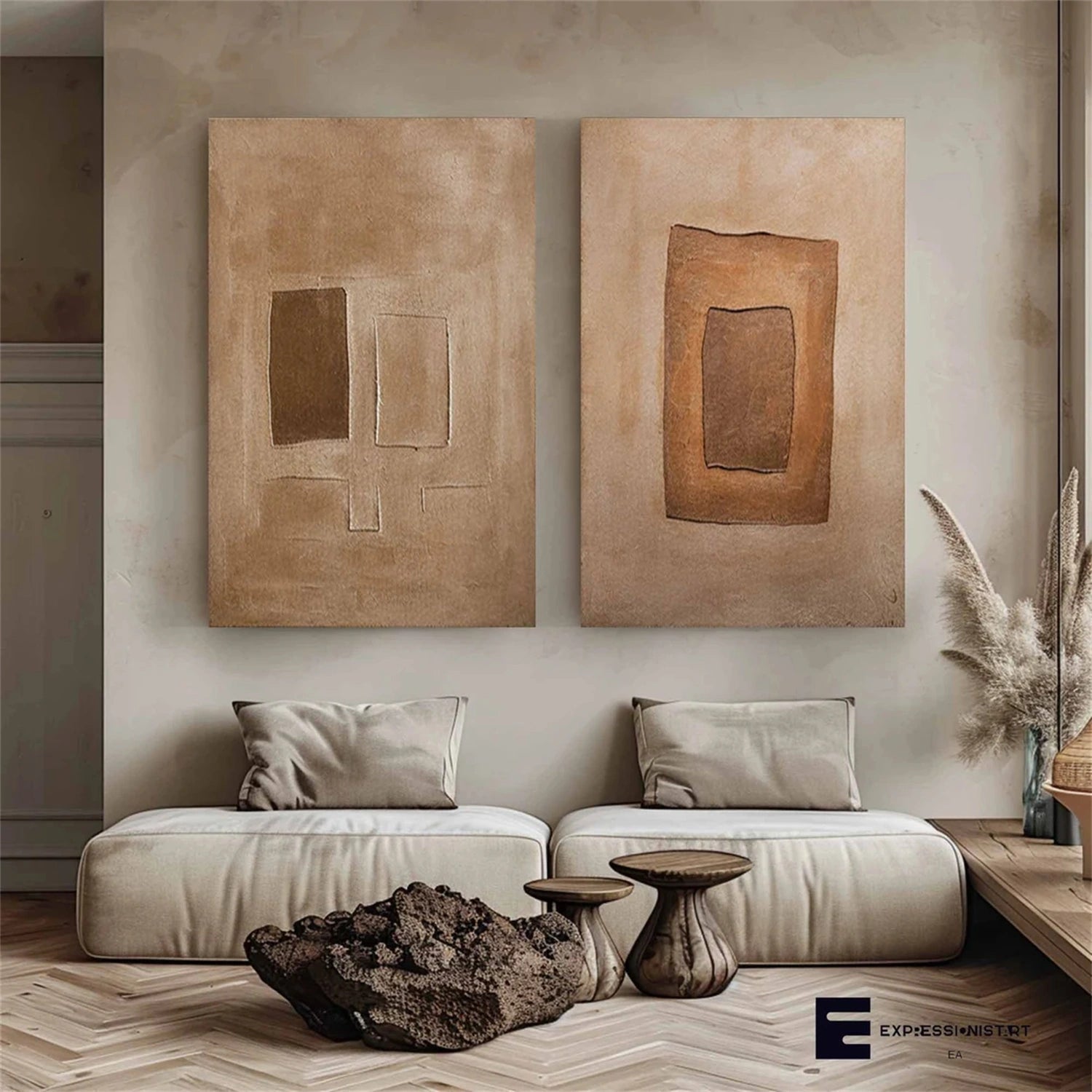 Minimalist Brown & Beige Art  Set of 2 #MB018