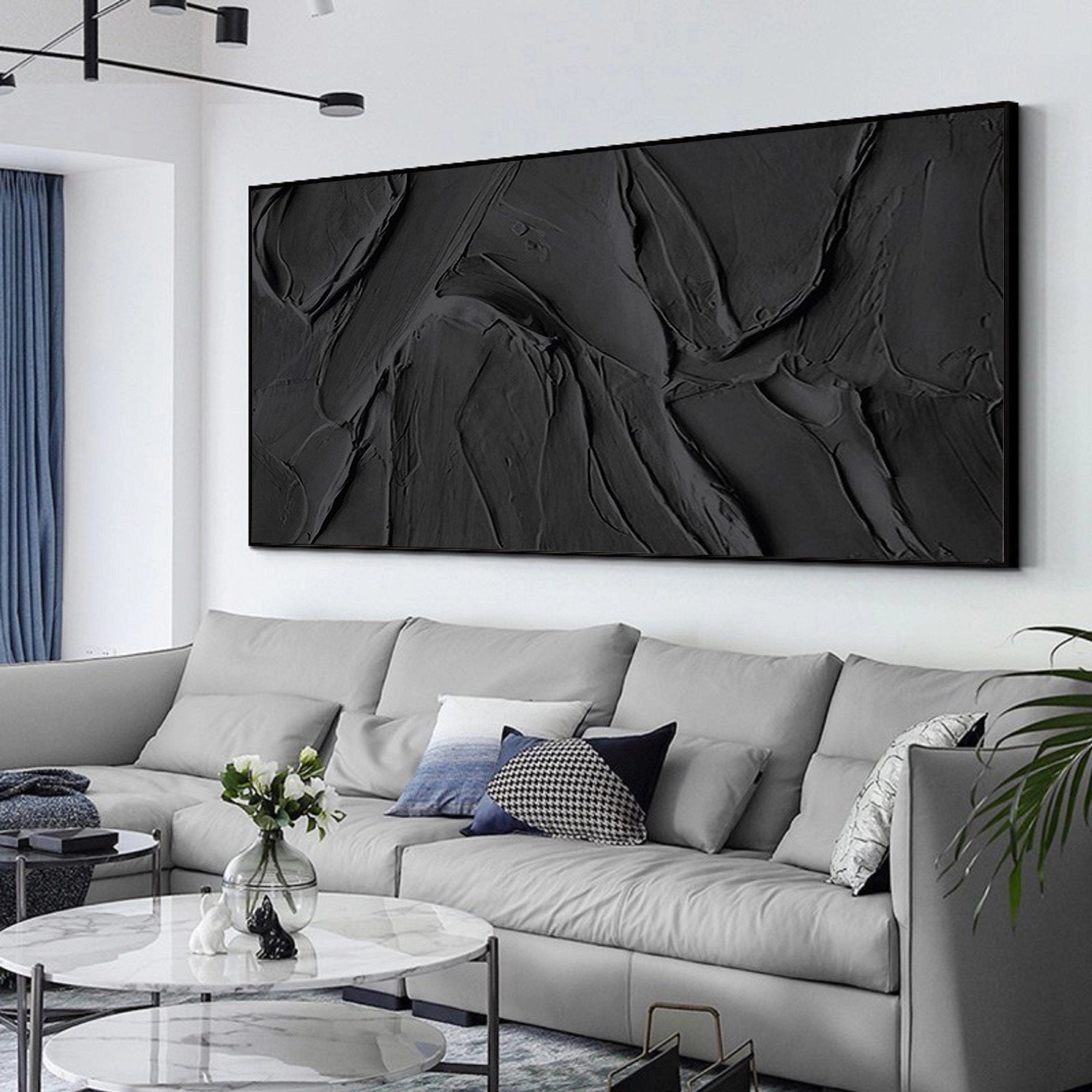 Black 3D Textured Plaster Minimalist Painting on Canvas, Handmade Wall Art