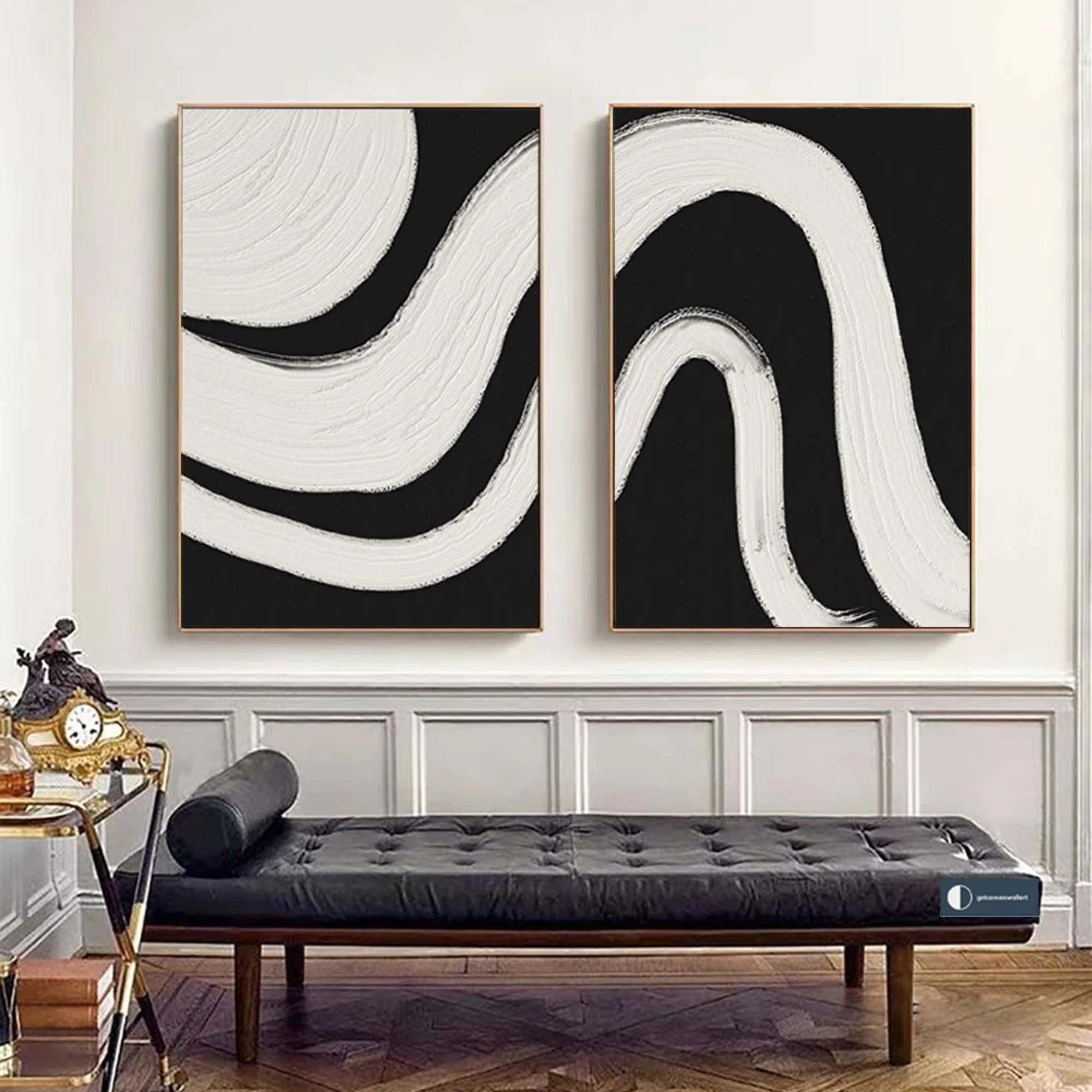 Geometrical Curved Wabi Sabi Abstract Painting Black White Artwork Set of 2