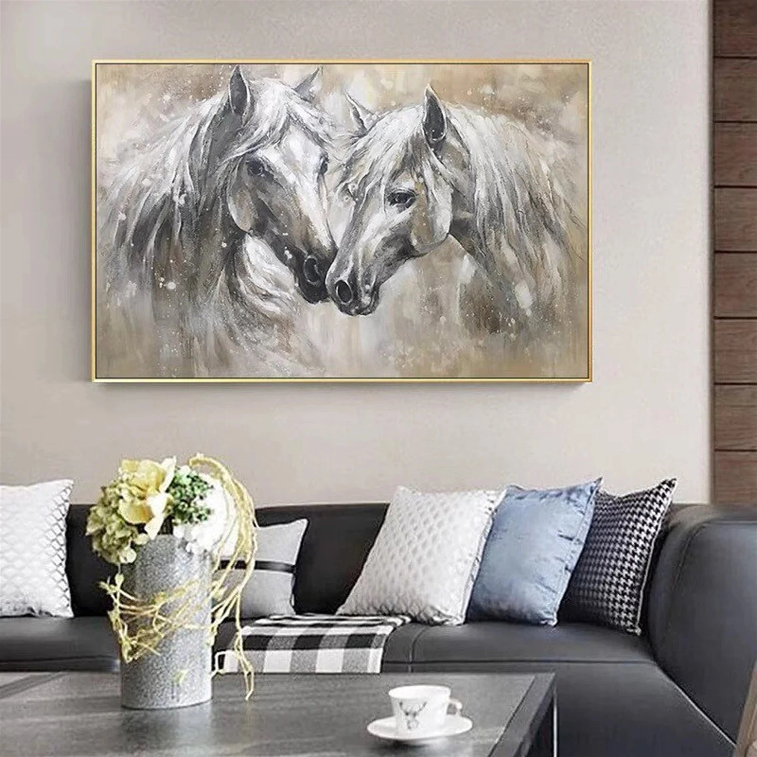 White and Black Horse Abstract Animal Wall Art #AL046