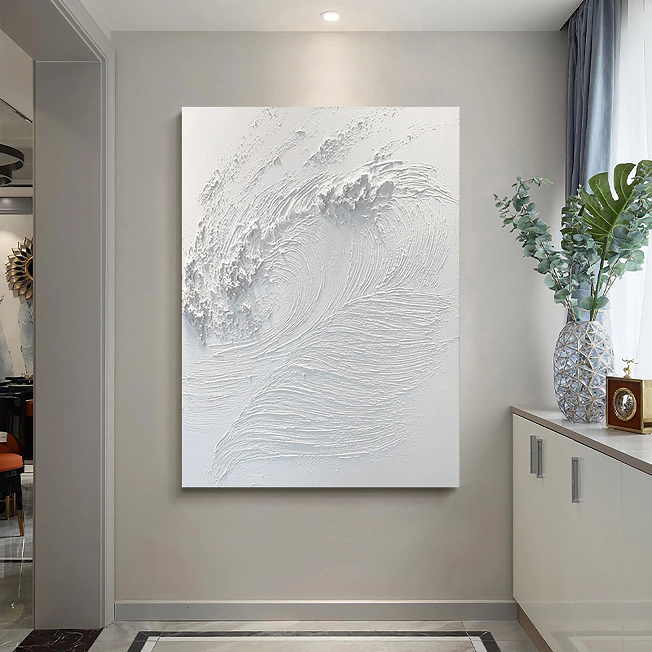 White 3D Textured Plaster Wall Art Surf Art Abstract Handcrafted Painting Minimalist Home Decor