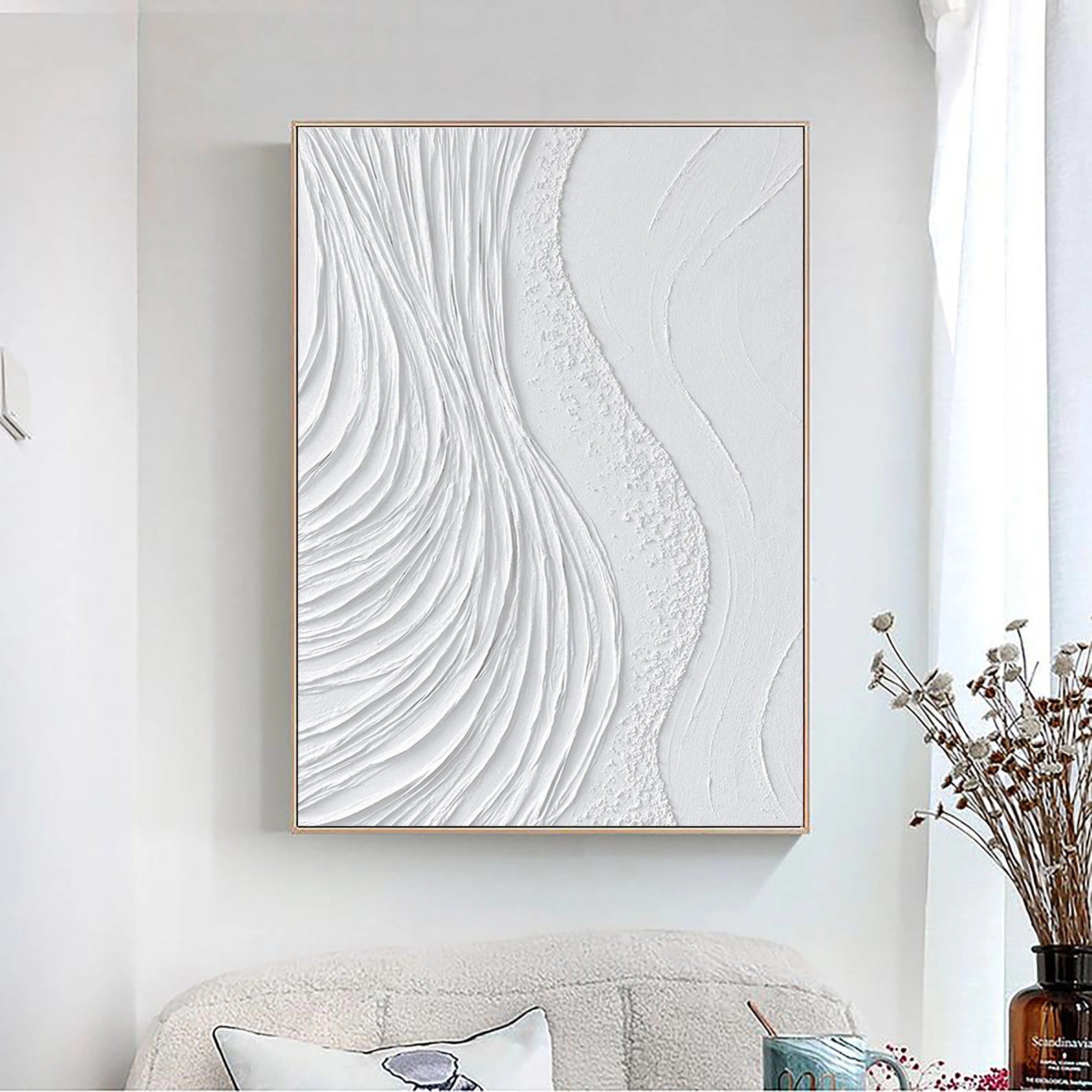 White Surf Minimalist Wall Art, Large Abstract Plaster Painting On Canvas