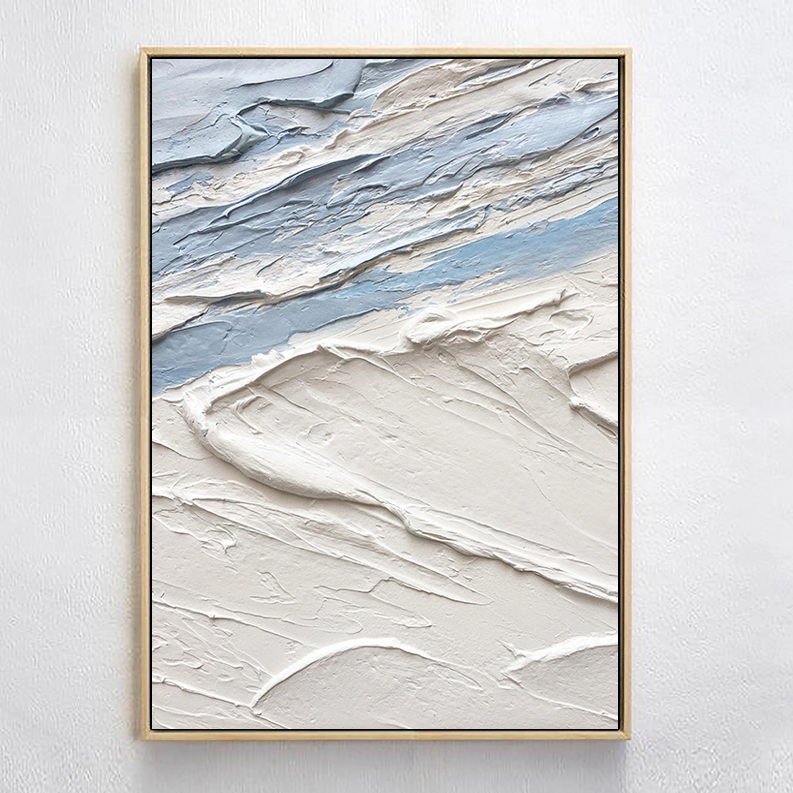 Blue White Textured Sea Slaps Plaster Art Minimalist Painting Wall Decor