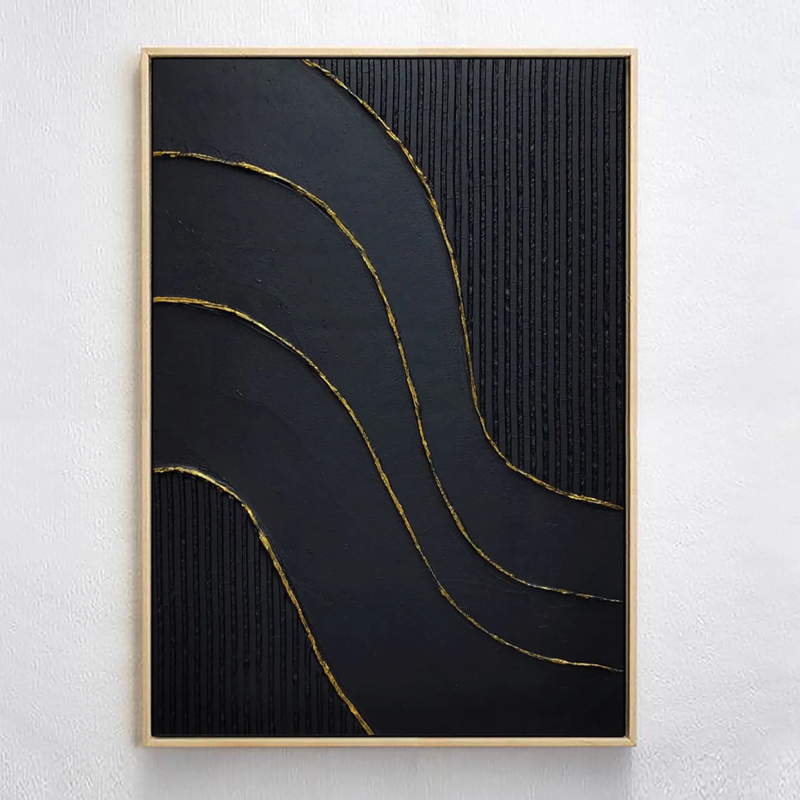 Large 3D Textured Abstract Minimalist Wall Art Black Modernism Painting Gold Foil Handcrafted Artwork Home Decor