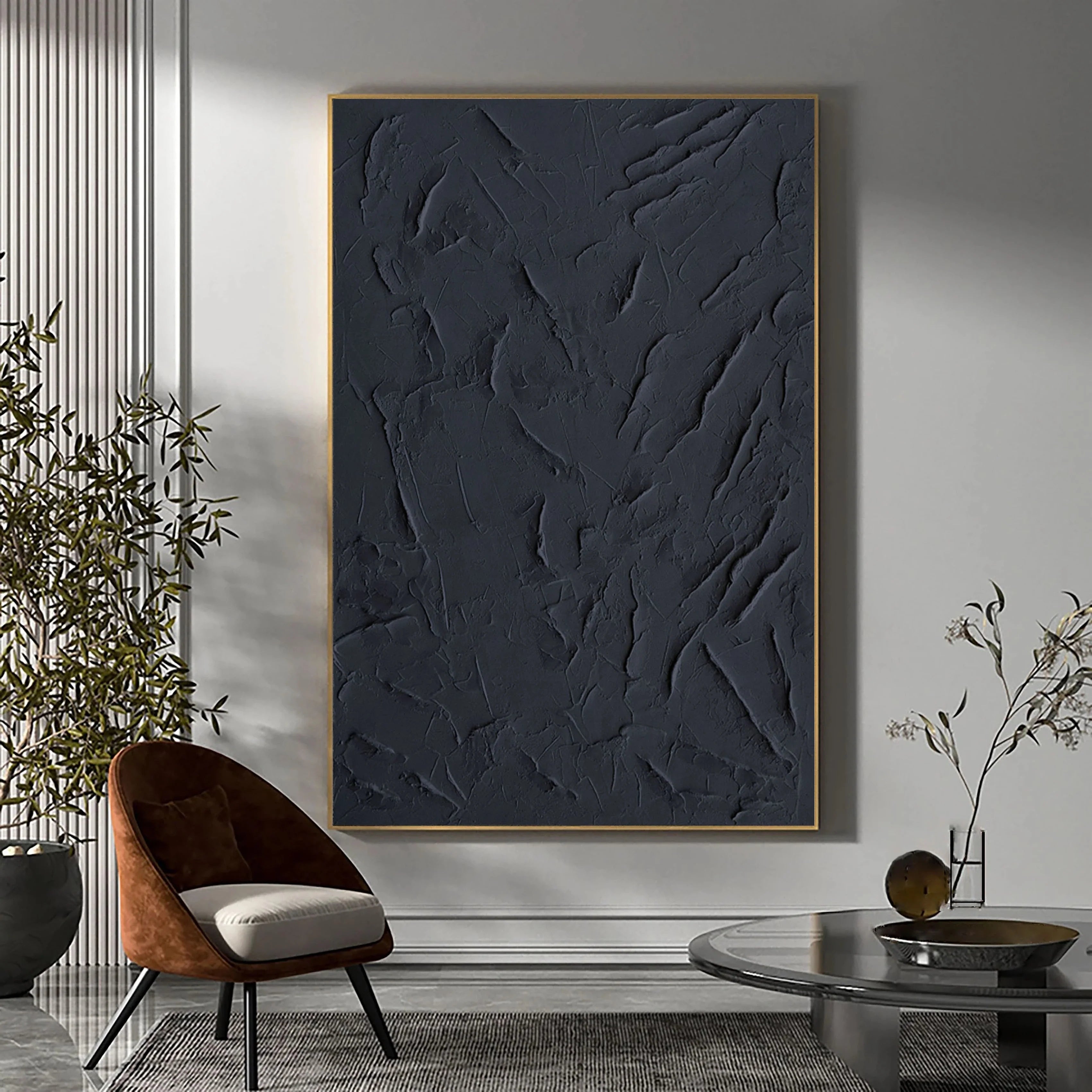 Large Black Textured Plaster Artwork 3D Minimalist Original Handcrafted Painting On Canvas