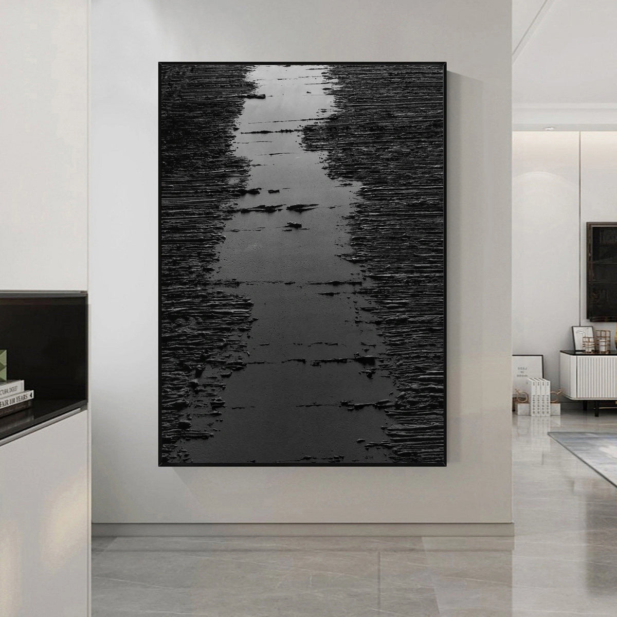 Black 3D Textured Minimalist River Canvas Wall Artwork Decor for Room
