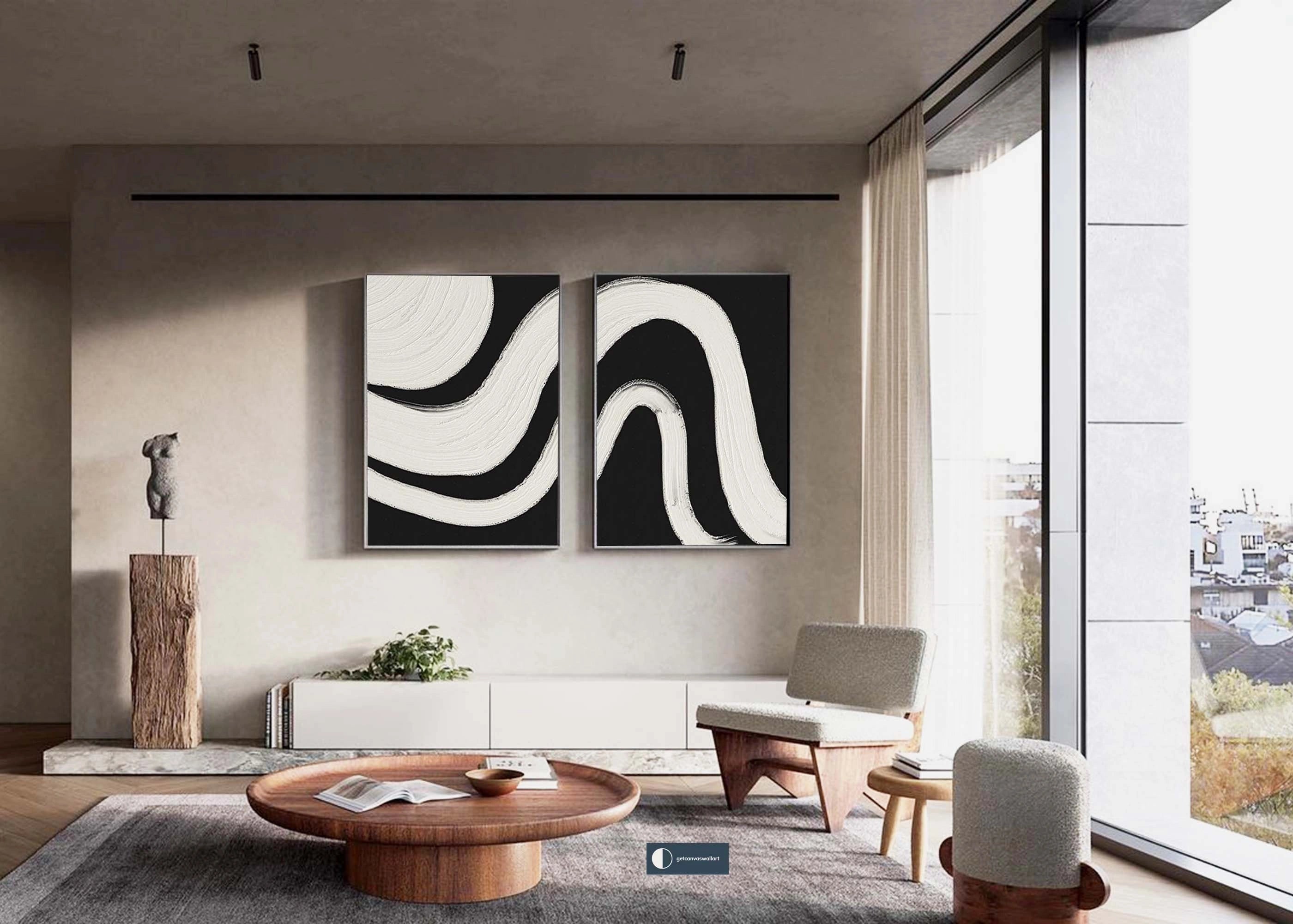 Geometrical Curved Wabi Sabi Abstract Painting Black White Artwork Set of 2