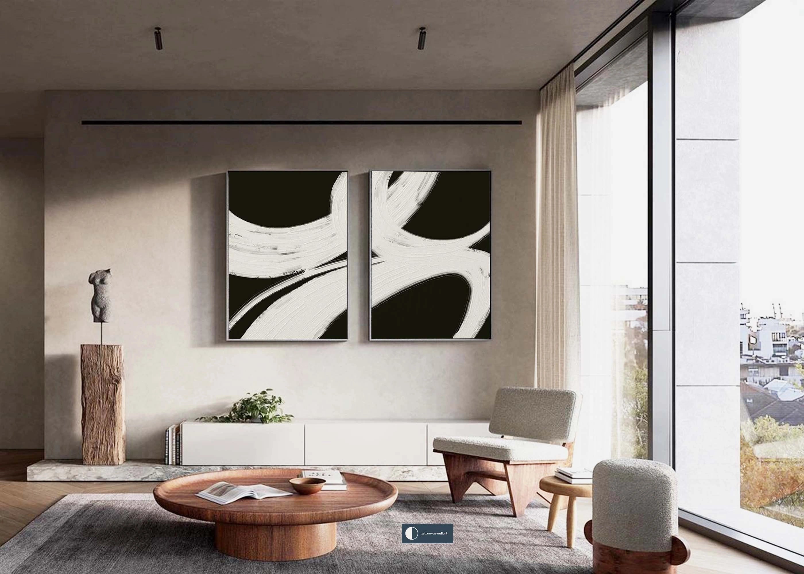Geometric Wabi Sabi Black Beige Abstract Painting on Canvas Set of 2