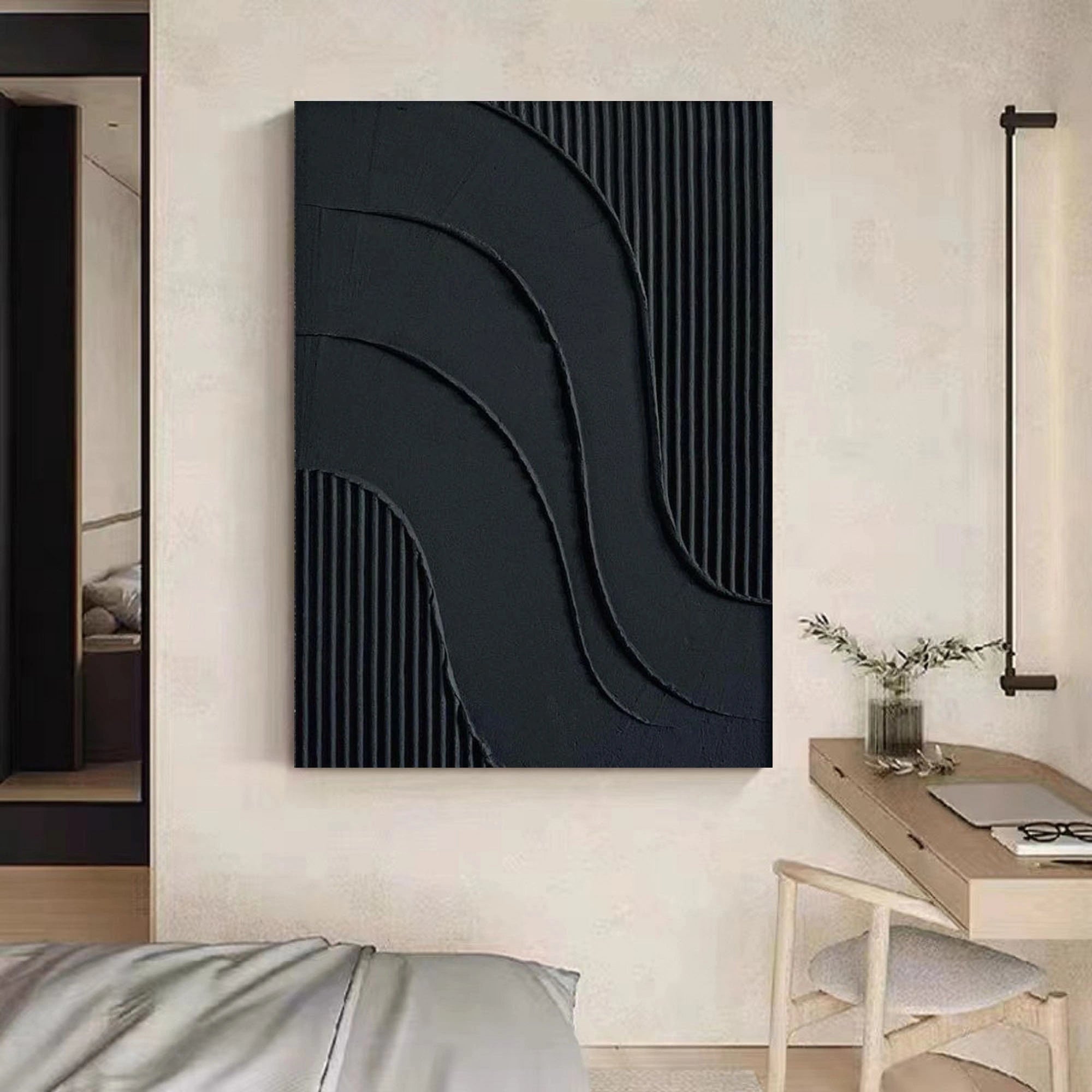 Black 3D Textured Minimalist Original Handcrafted Painting On Canvas Large Abstract Wall Art Luxury Modern Home Decor