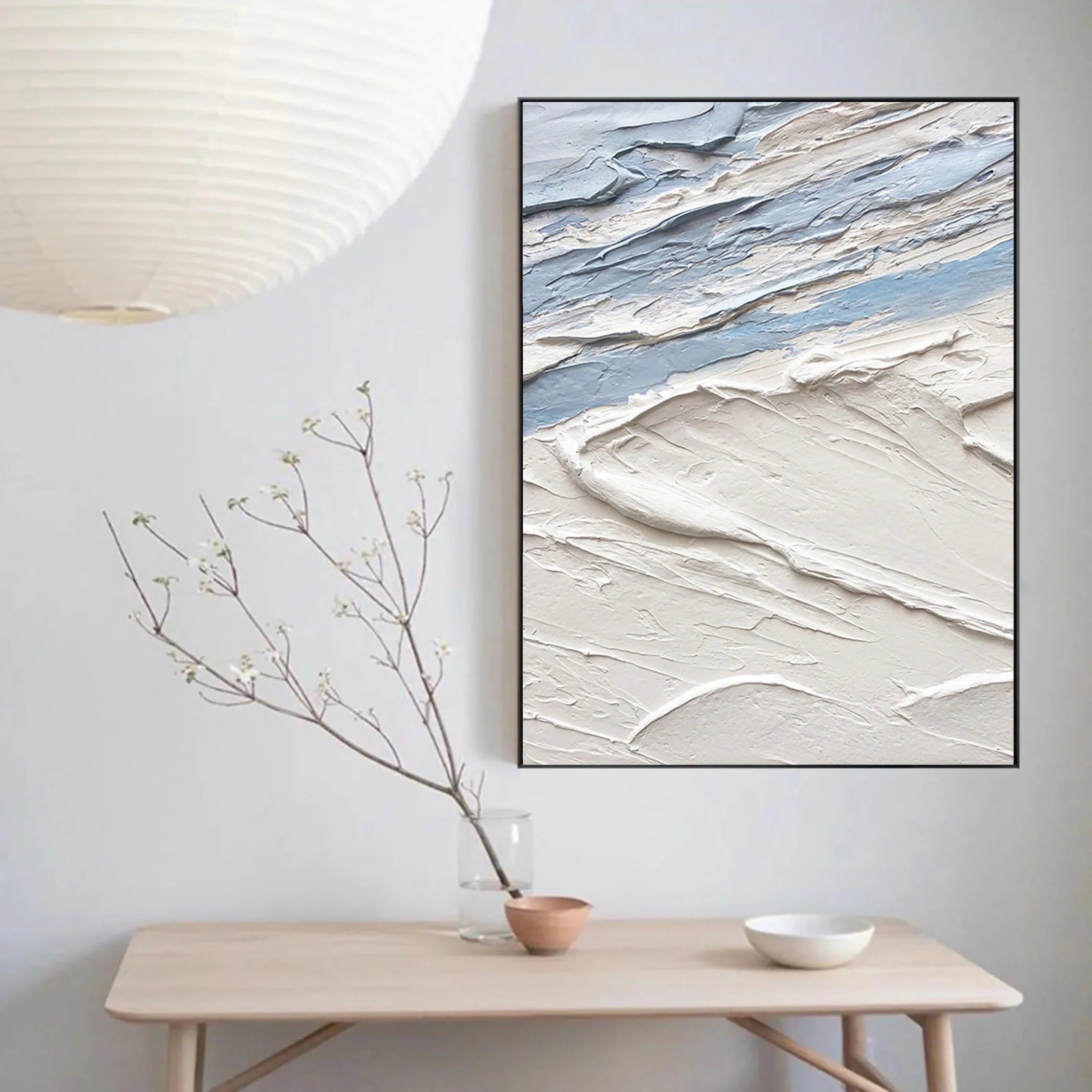 Blue White Textured Sea Slaps Plaster Art Minimalist Painting Wall Decor