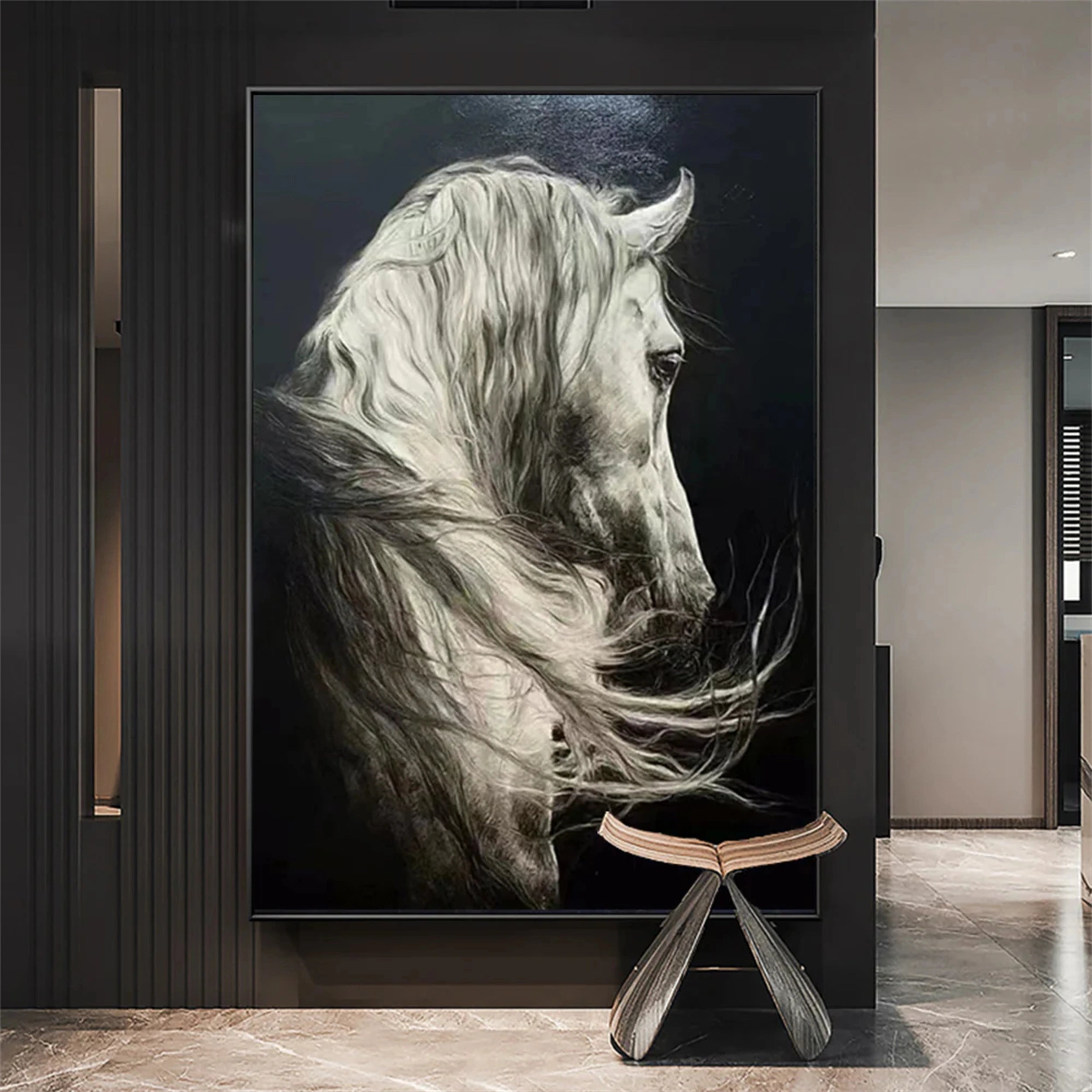 White And Black Horse Abstract Animal Wall Art #AL050