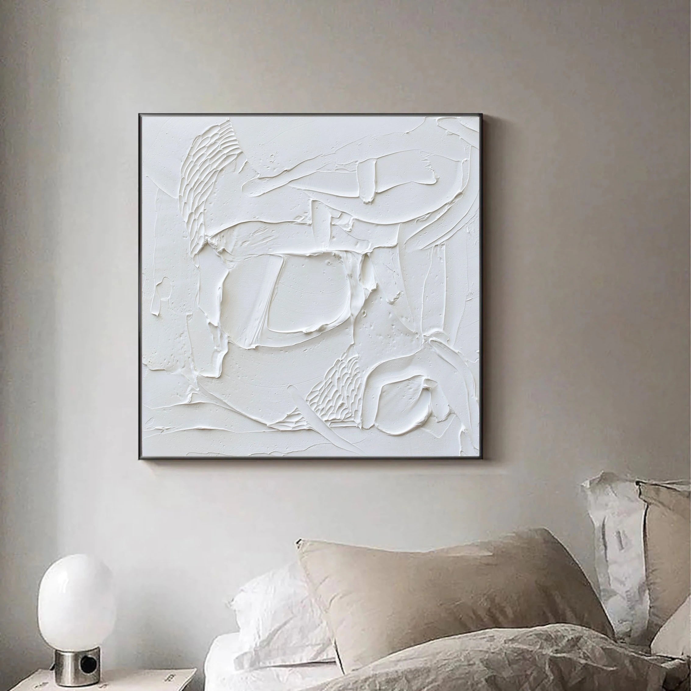 Minimalist White Plaster Art Painting on Canvas Original for Bedroom