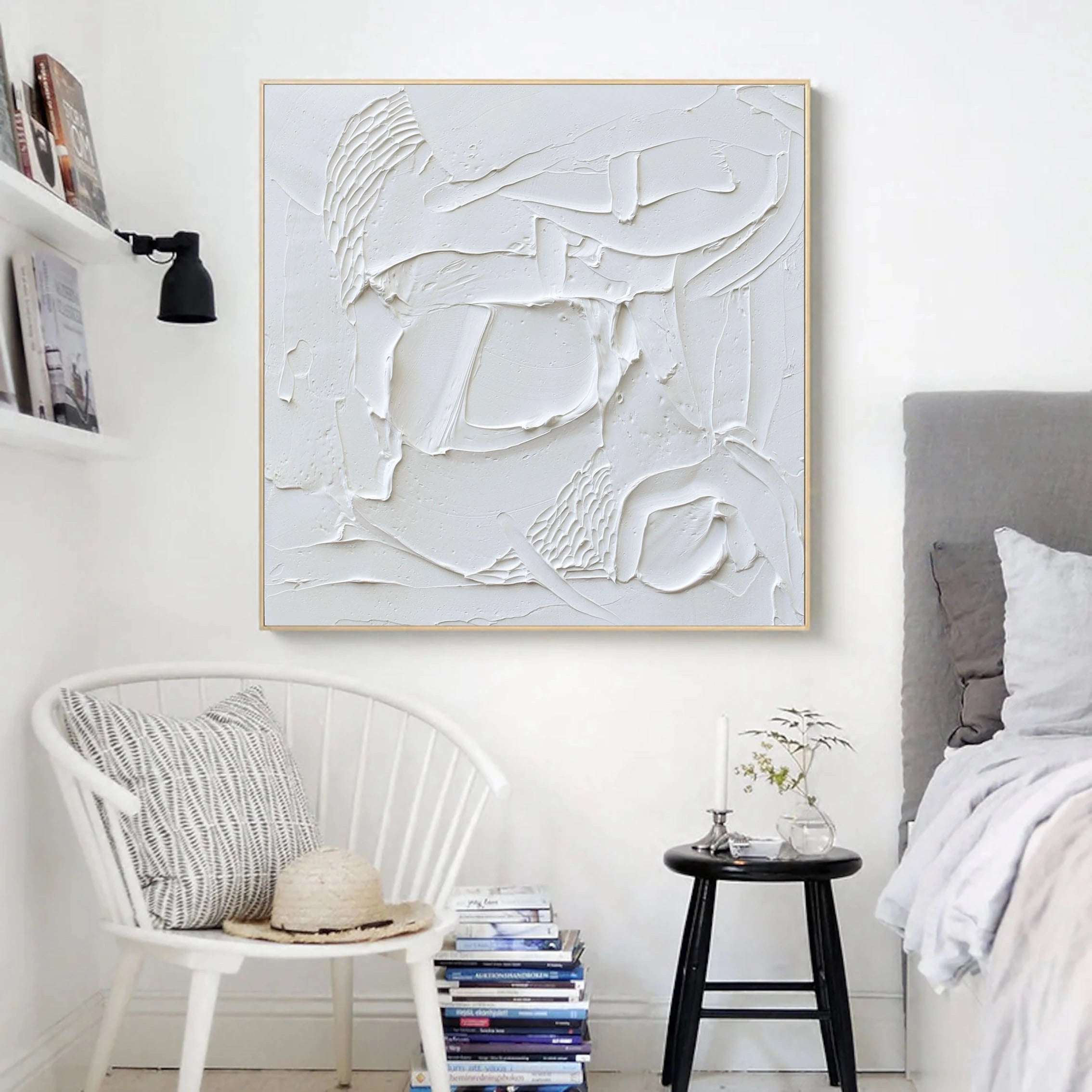 Minimalist White Plaster Art Painting on Canvas Original for Bedroom