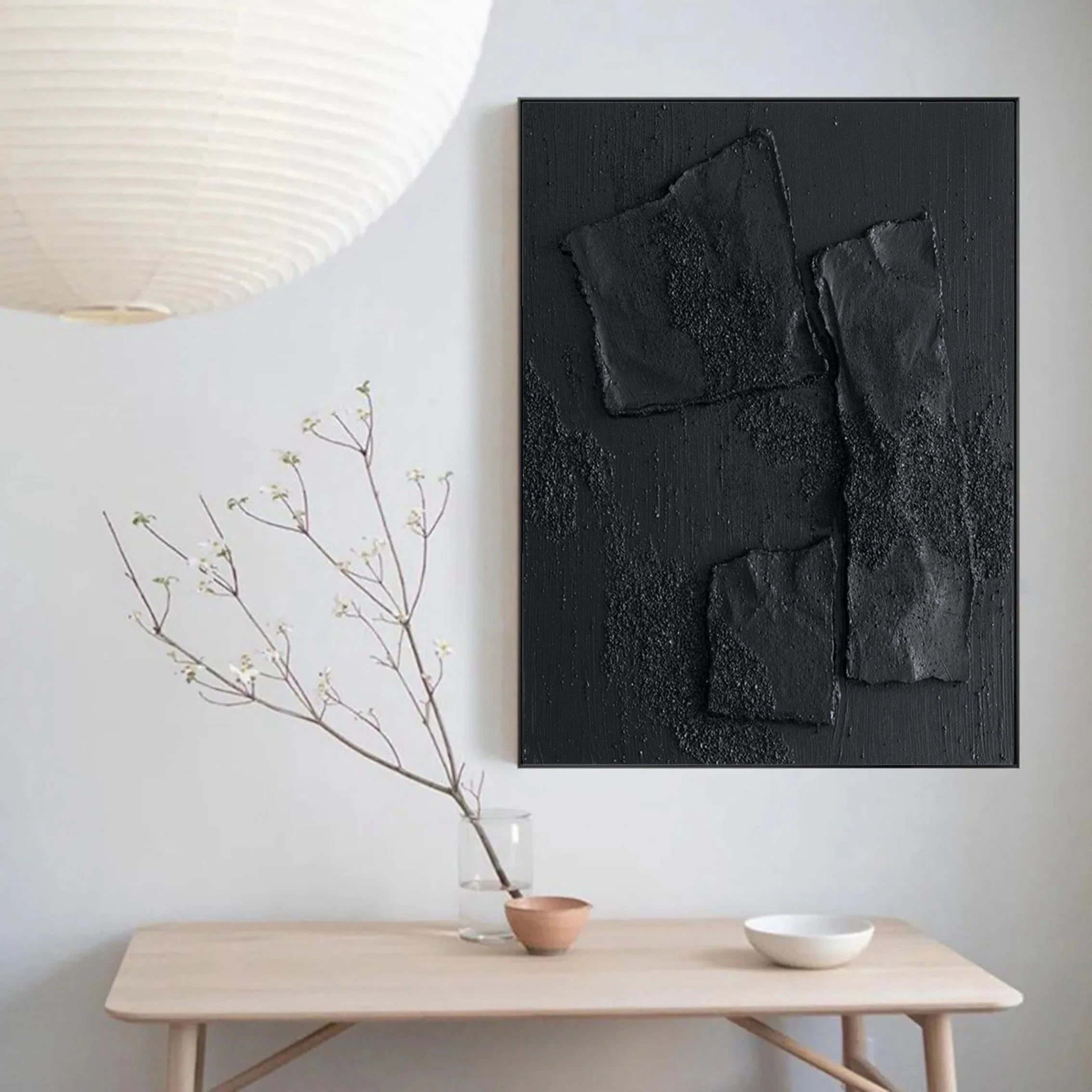 Total Black Plaster Art Minimalist Zen Abstract Painting on Canvas