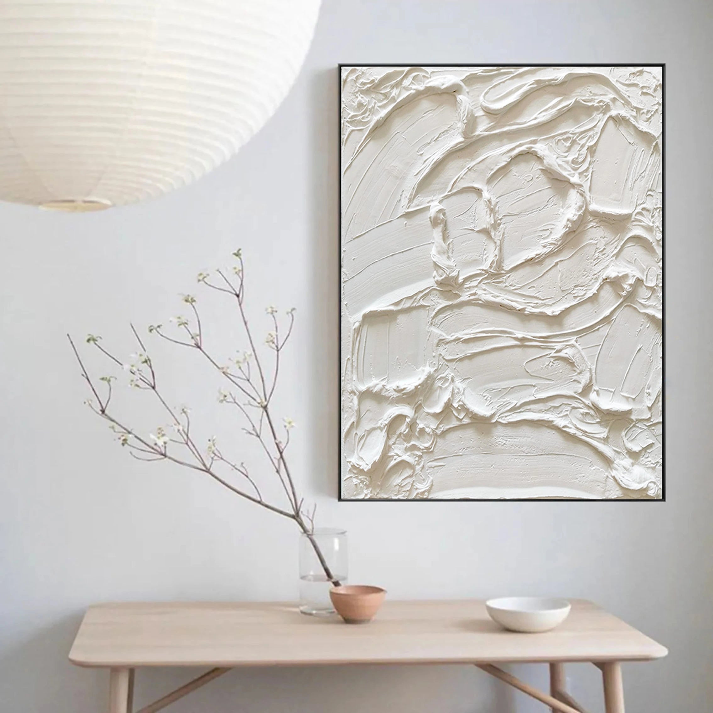White Textured Plaster Painting Minimalist Handcrafted Wall Decor