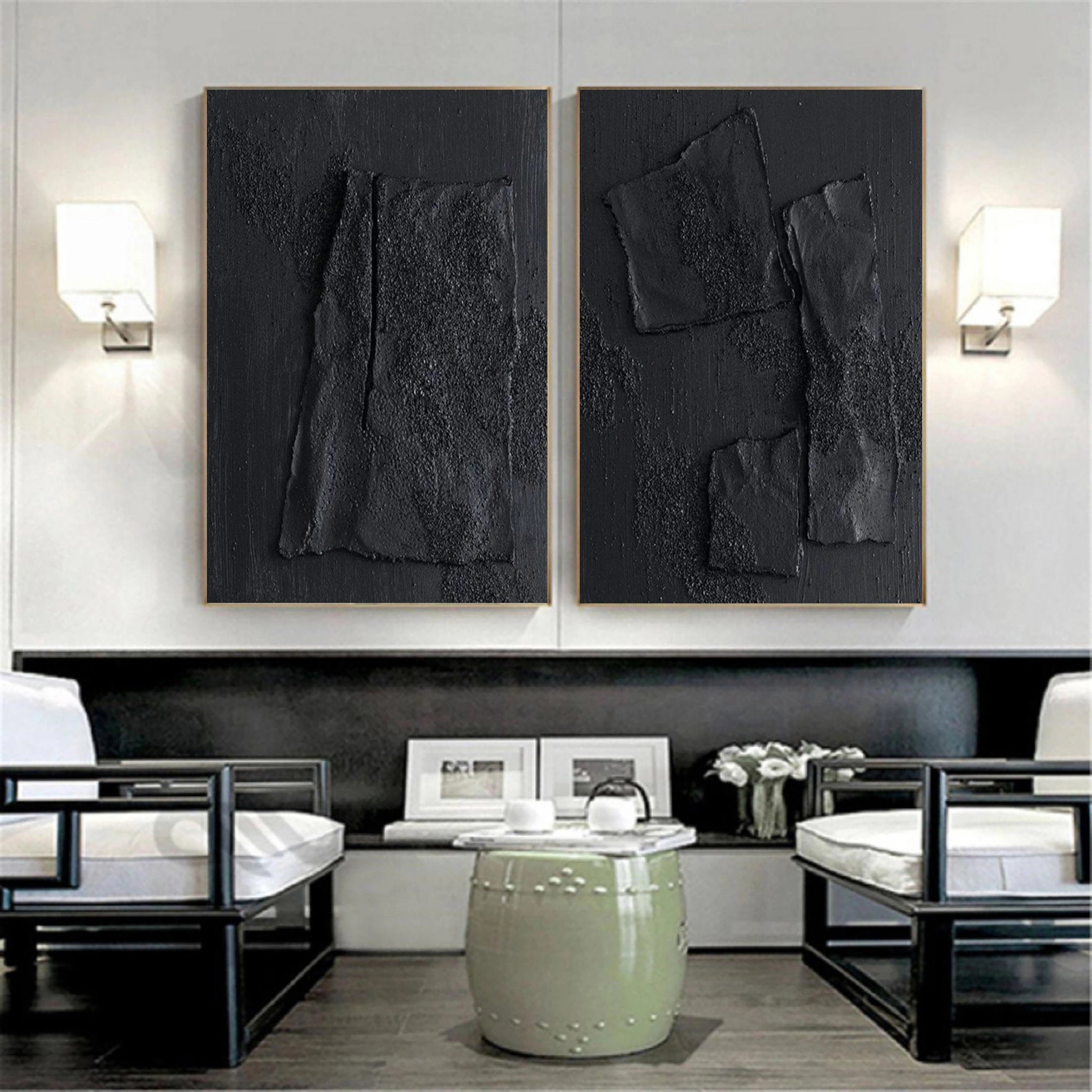 Set of 2 Total Black 3D Textured Minimalist Painting on Canvas
