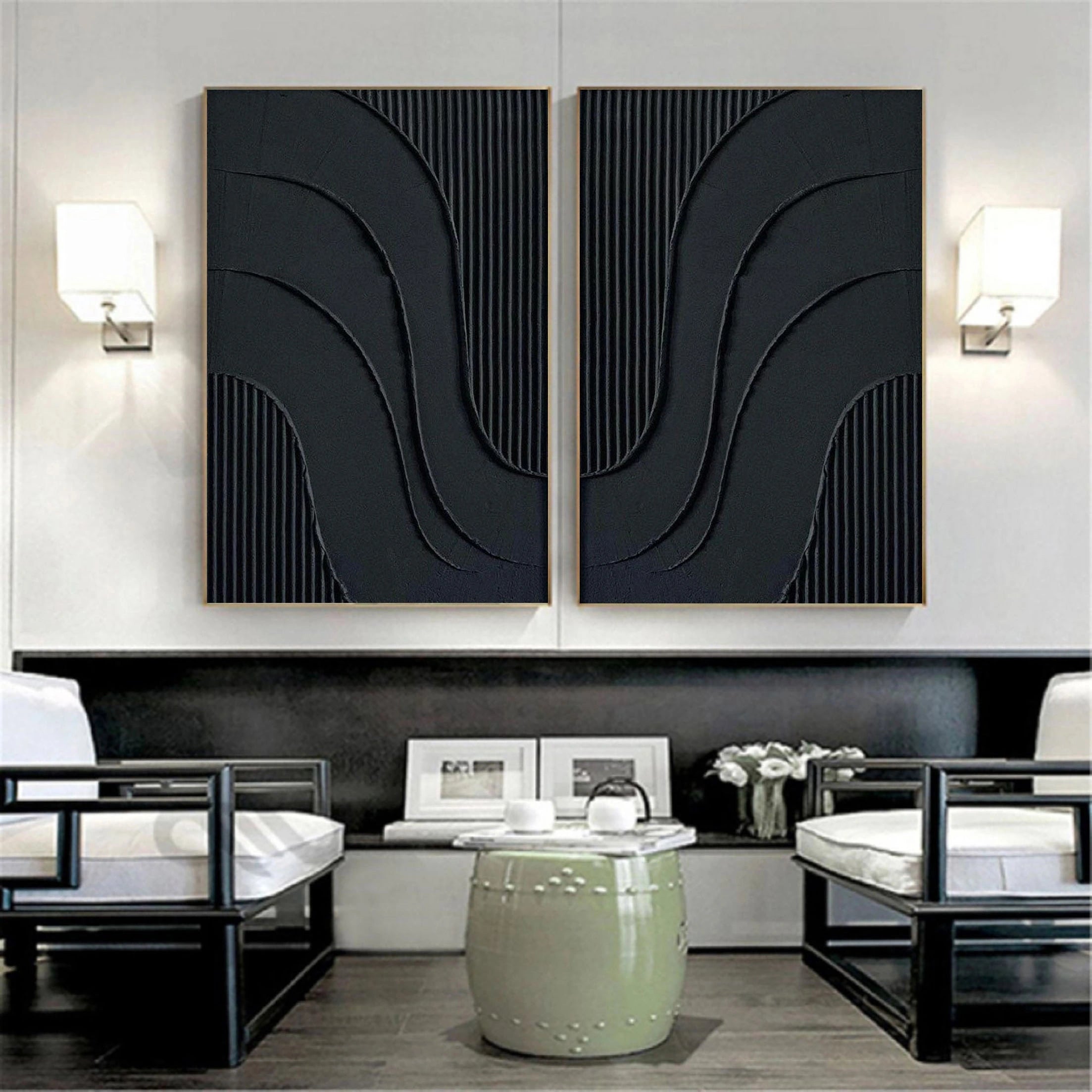 Set of 2 Black Minimalist Textured Original Painting, Large Modern Abstract Wall Decor