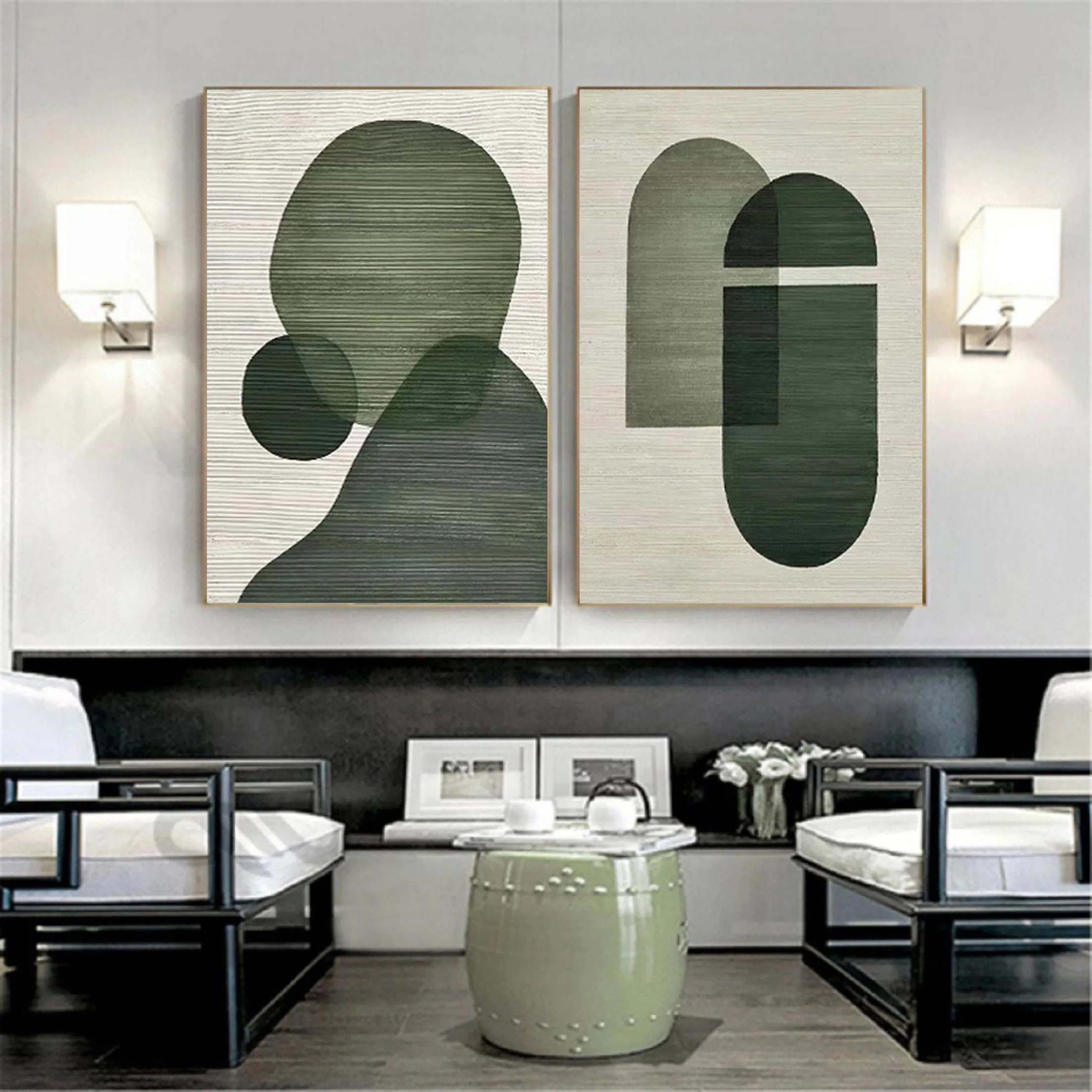Green Boho Abstract Painting On Canvas Minimalist Textured Wall Art Modern Home Decor