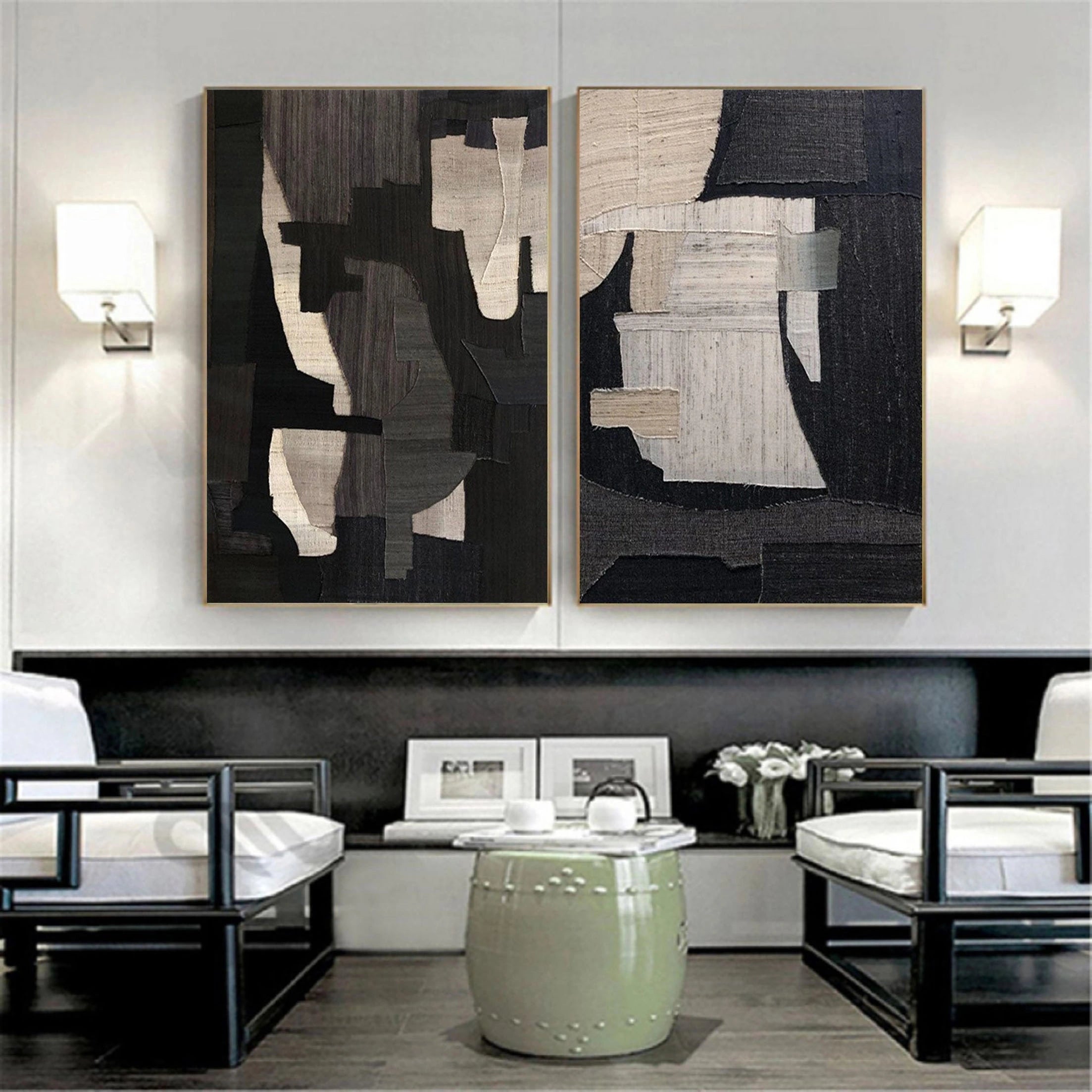 Geometric Wabi Sabi Abstract Painting Set of 2 for Room Decor