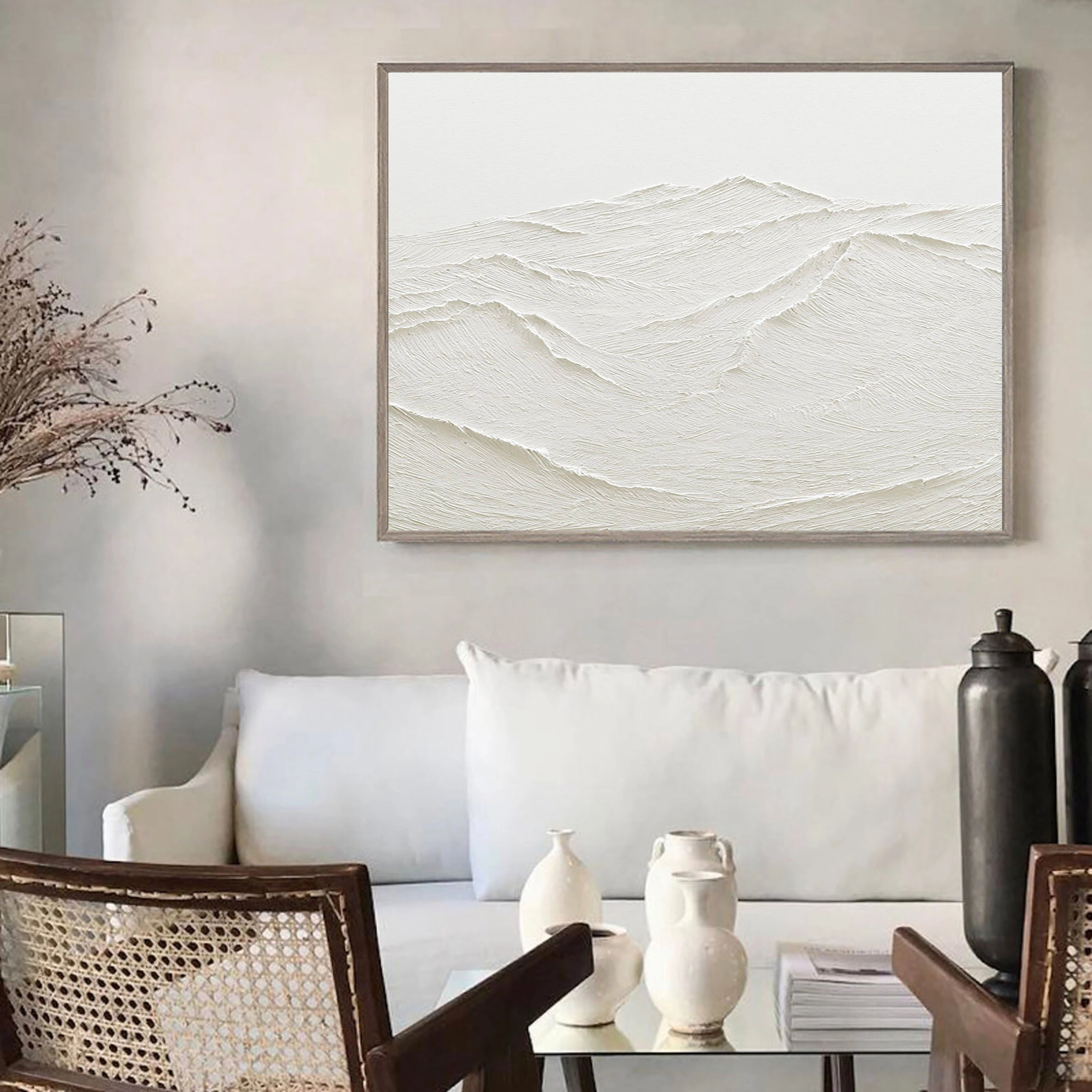 White Rich Textured Landscape Plaster Art Painting, Handcrafted Mountain Minimalist Wall Art