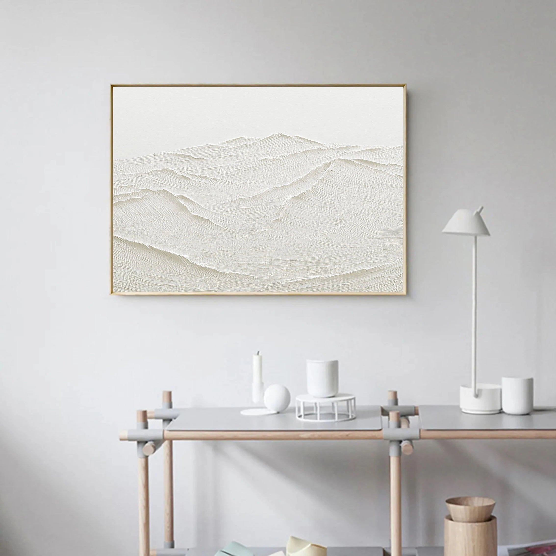 White Rich Textured Landscape Plaster Art Painting, Handcrafted Mountain Minimalist Wall Art