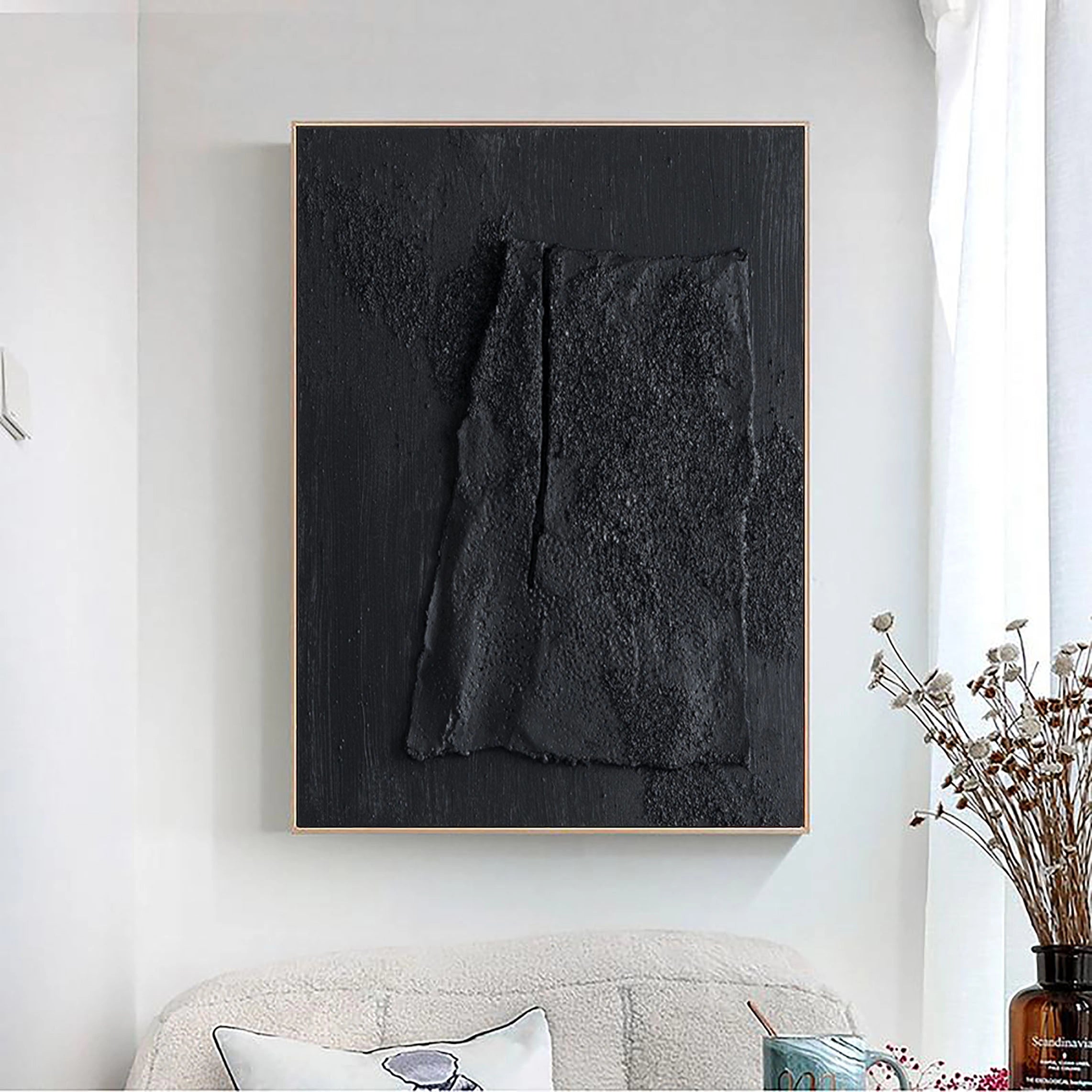 Black Textured Minimalist Painting on Canvas Handcrafted by Artist